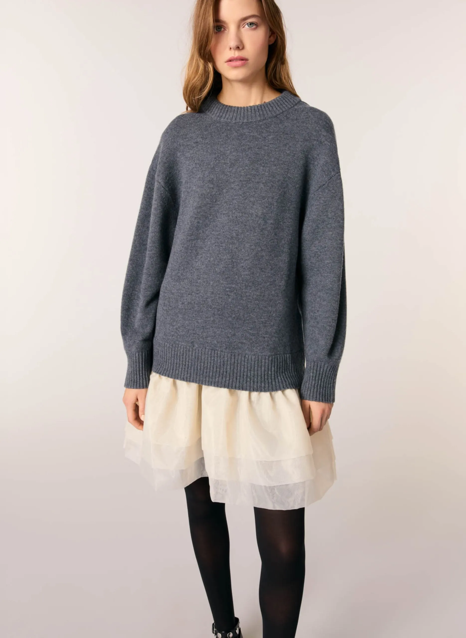 Robe courte col rond en laine mélangée Gris