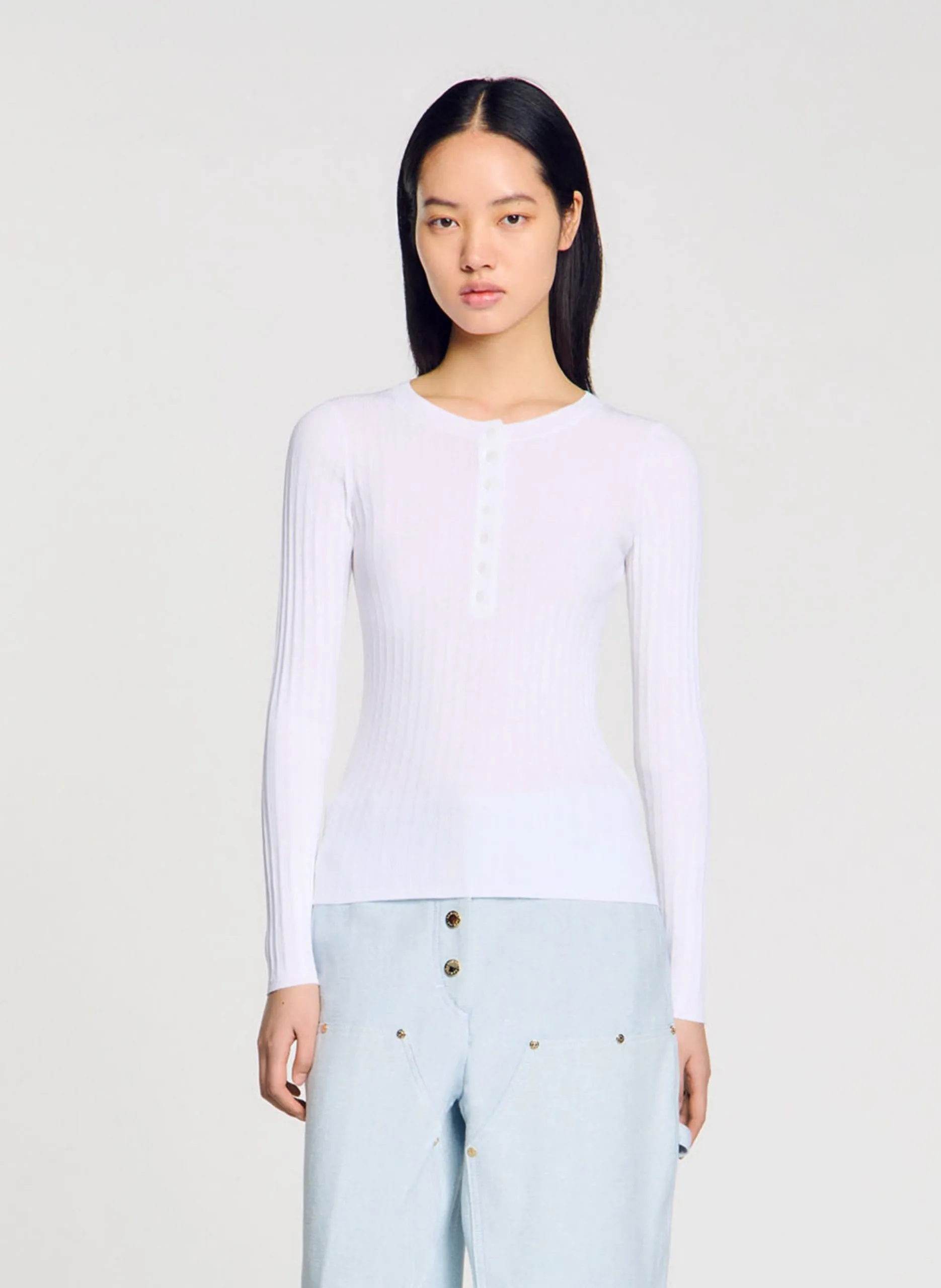 Pull moulant col rond en coton mélangé Blanc