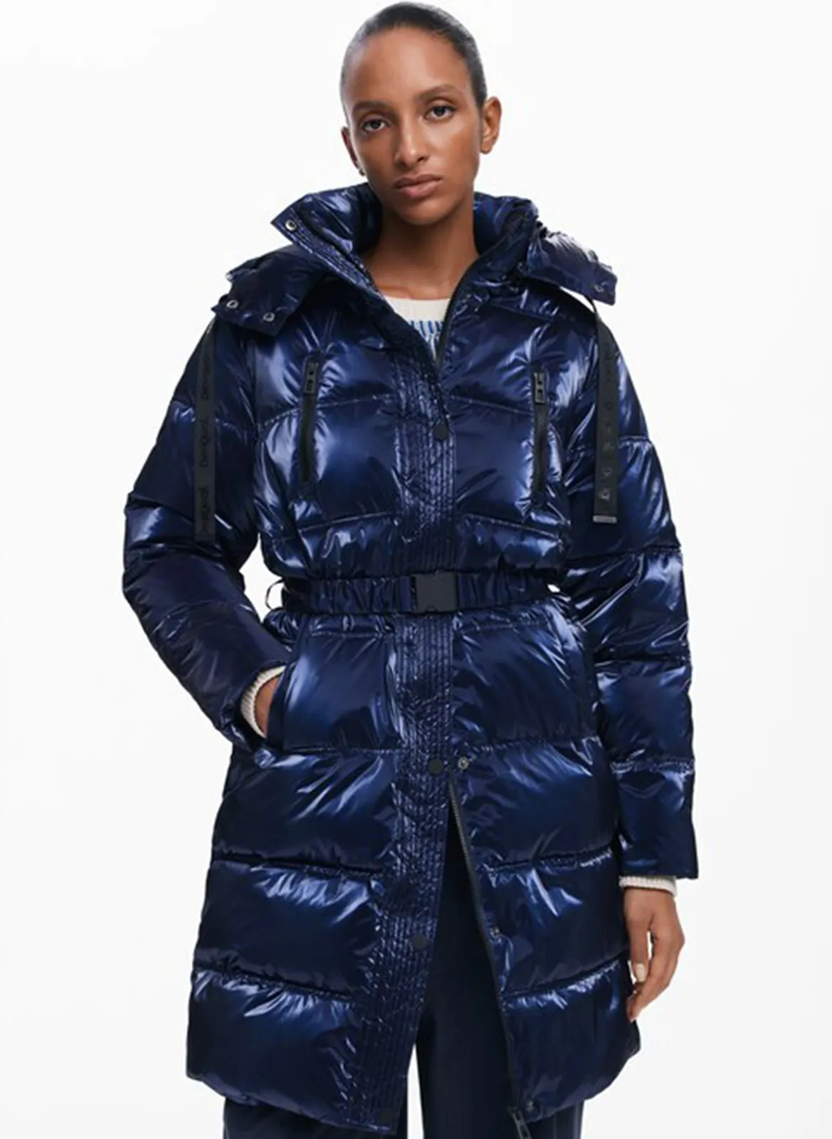 Doudoune longue à capuche Bleu