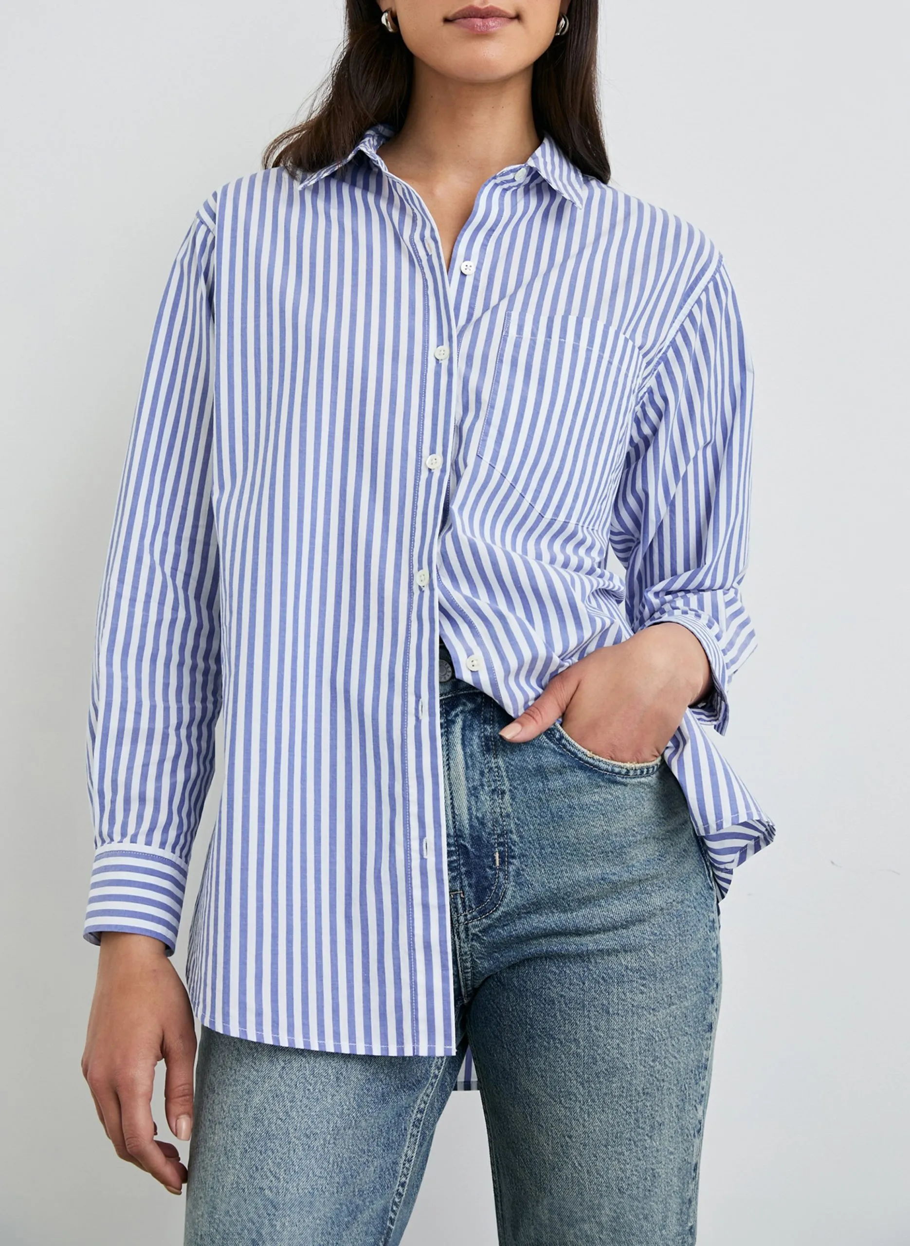 Chemise droite rayée en coton Bleu ELSA