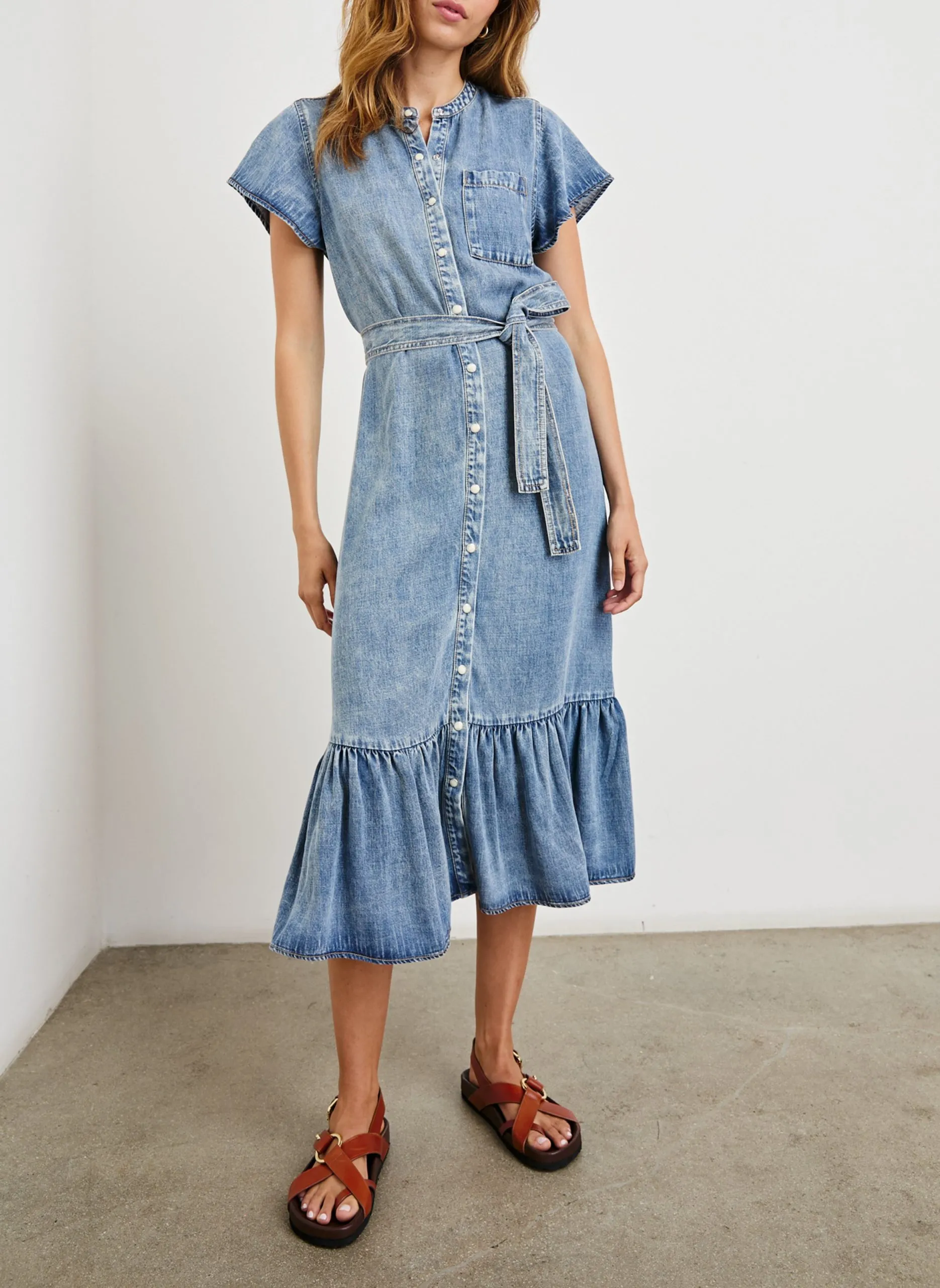 Robe midi col rond aspect jean Bleu KAHLO