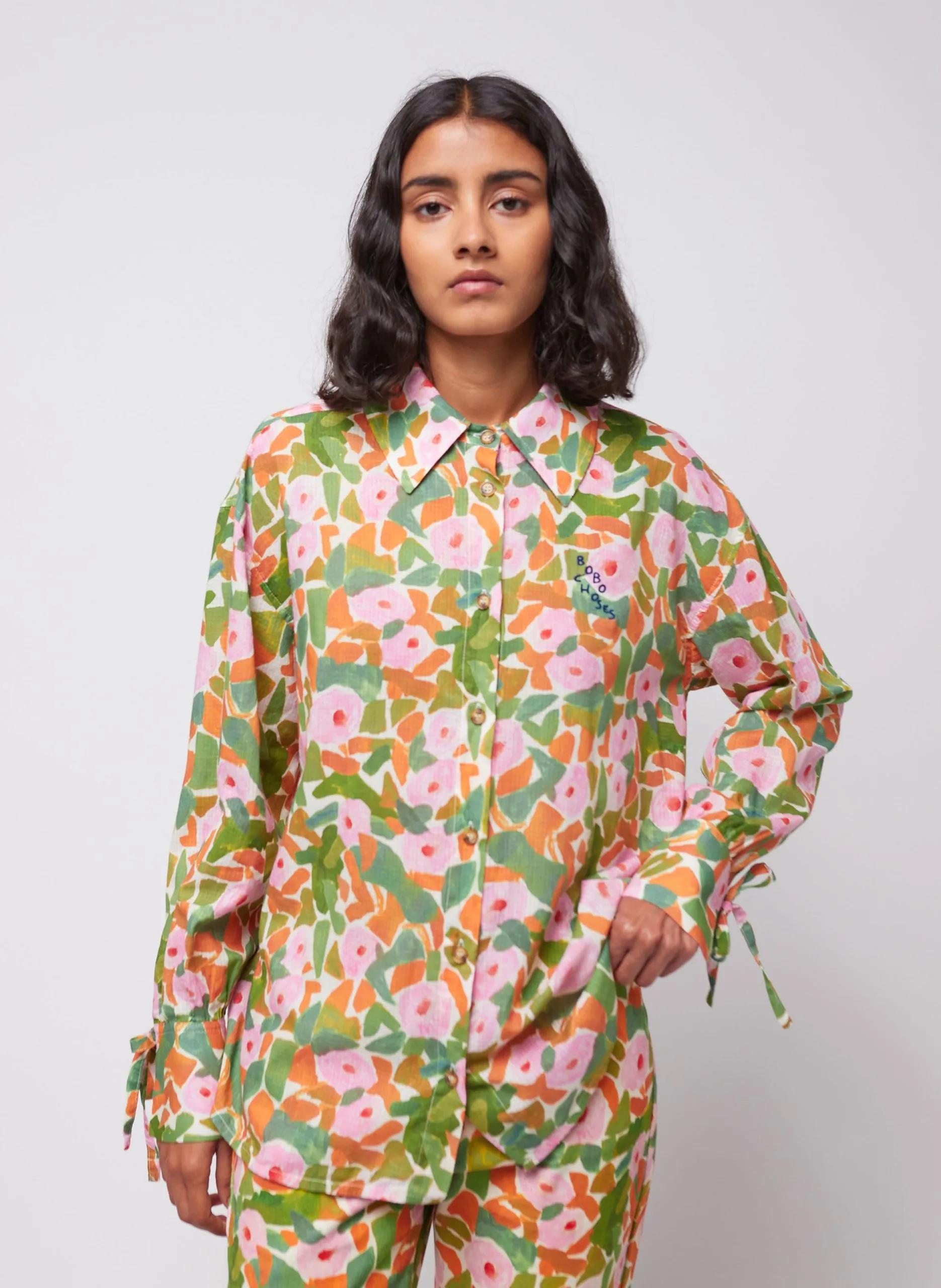 Chemise droite fleurie en coton bio Multicolore