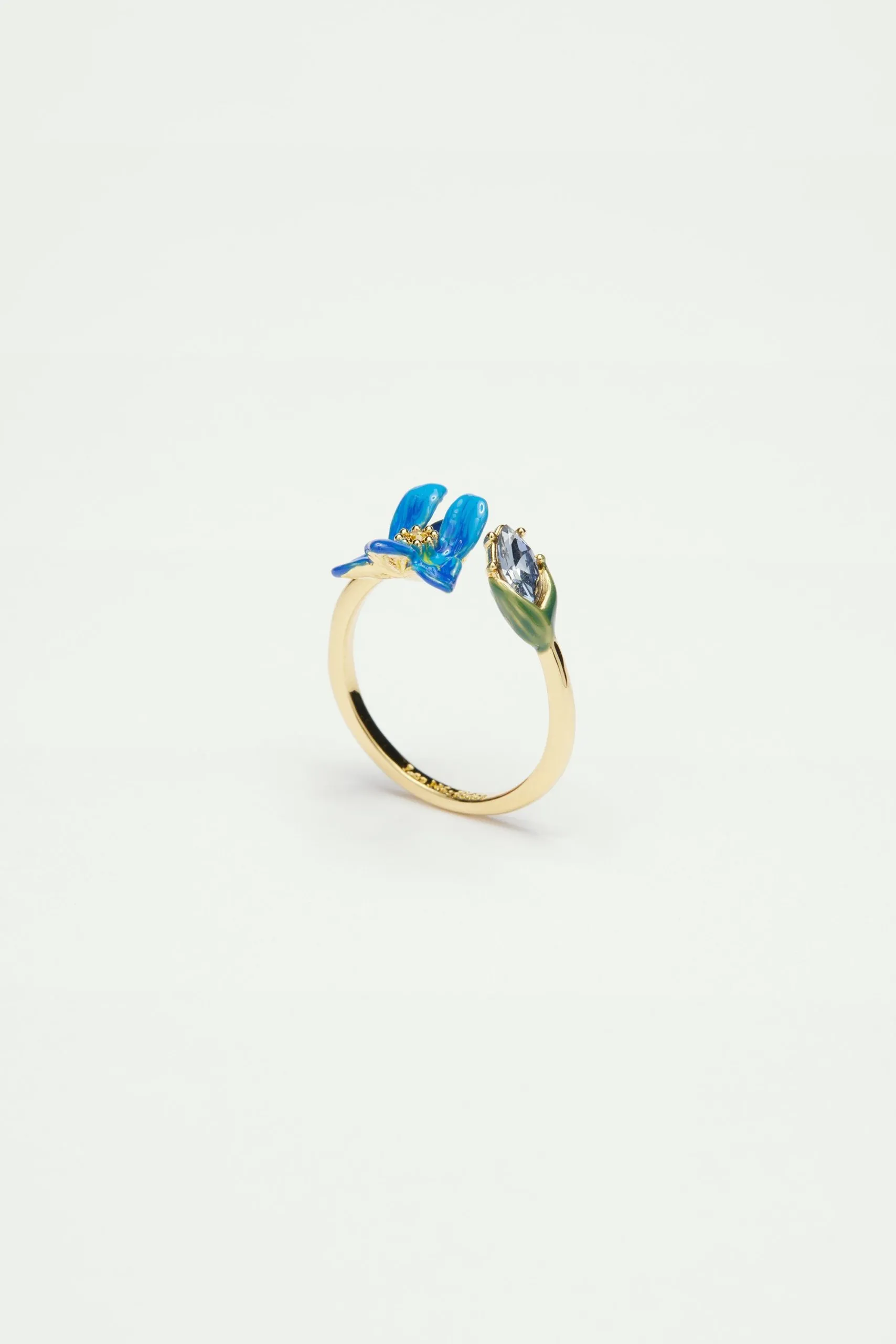 Bague ajustable iris de sibérie et verre facetté Bleu