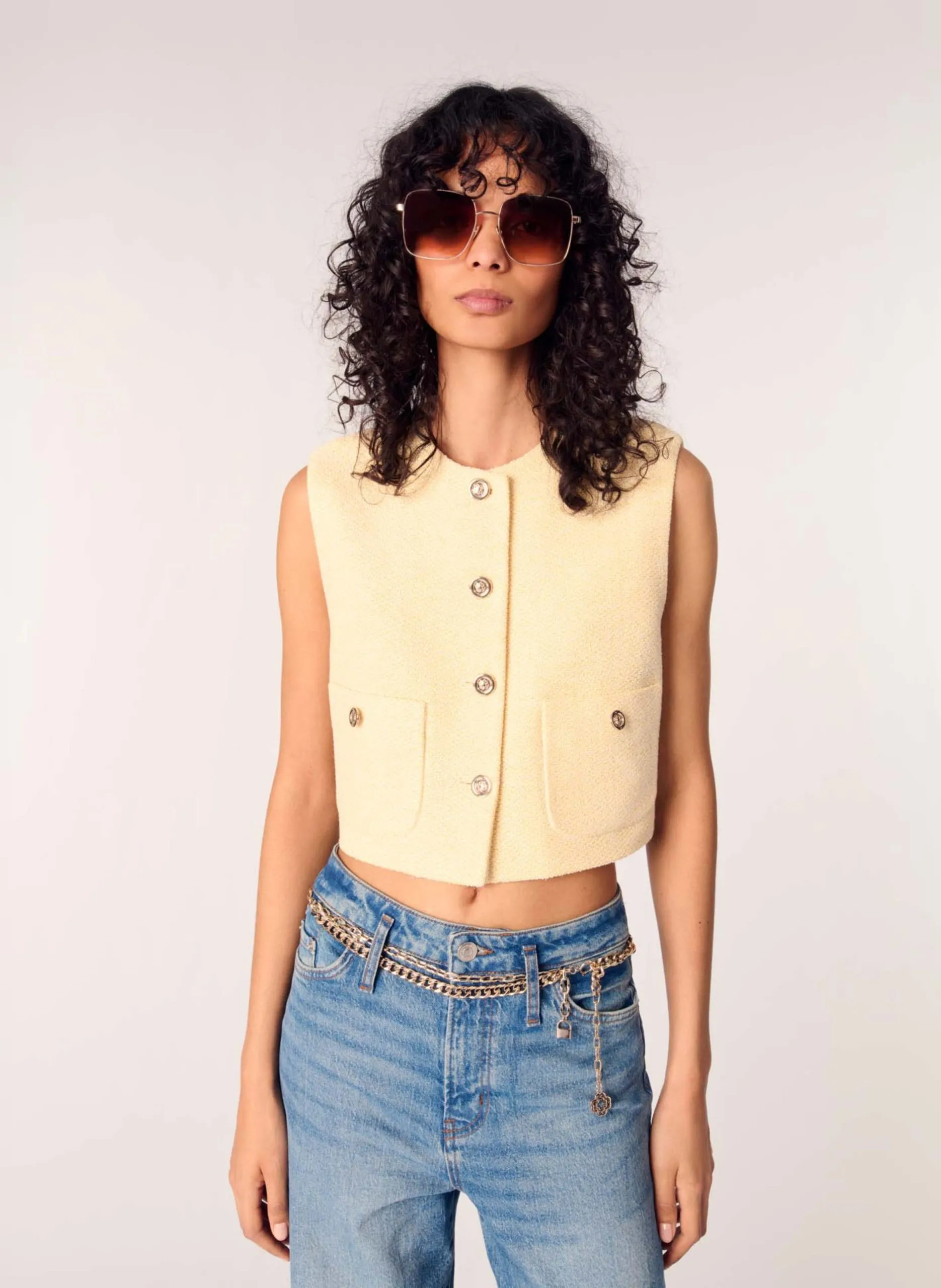 Veste courte sans manches en tweed Jaune