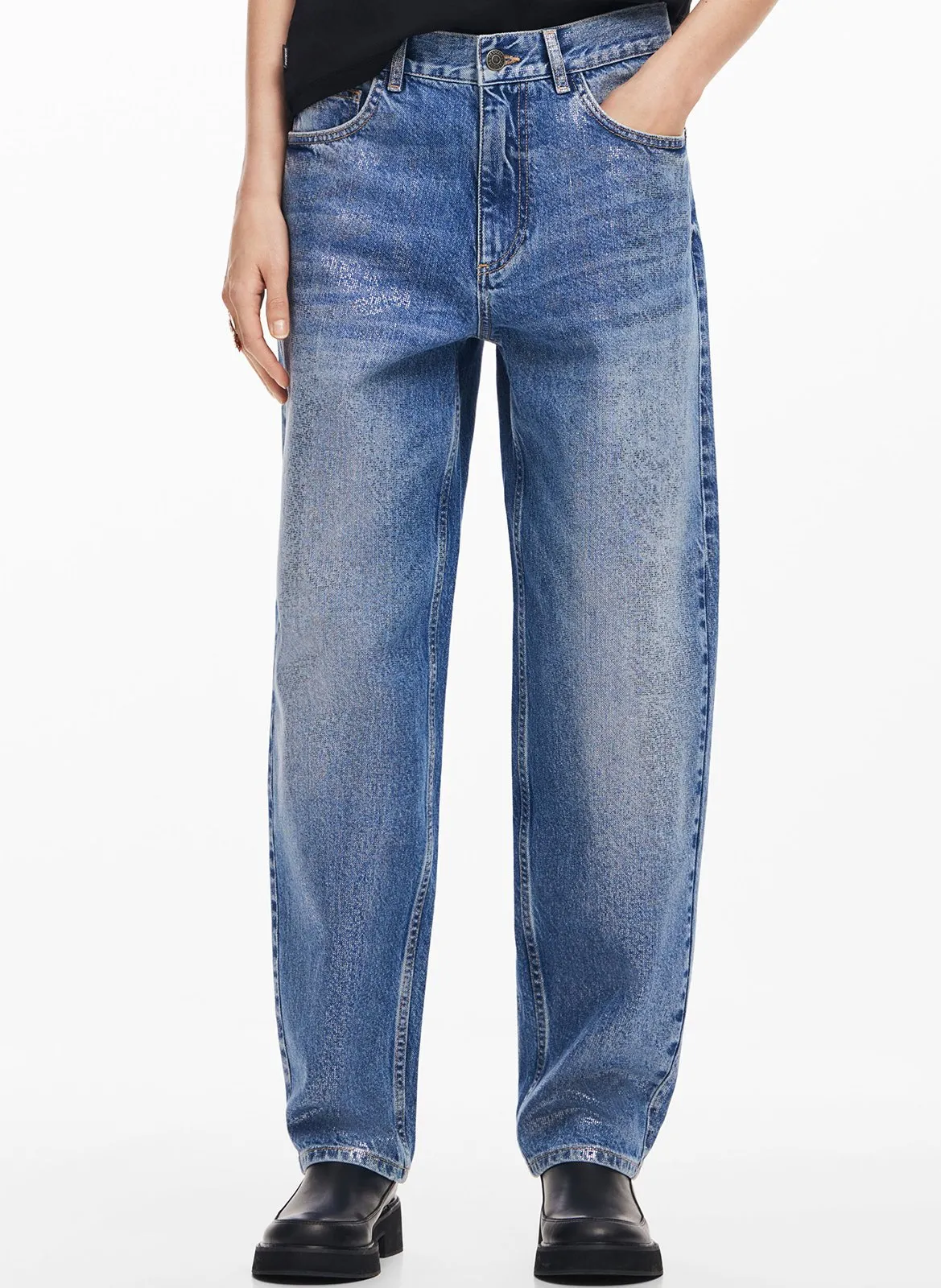 Jean ballon taille haute en coton mélangé Bleu