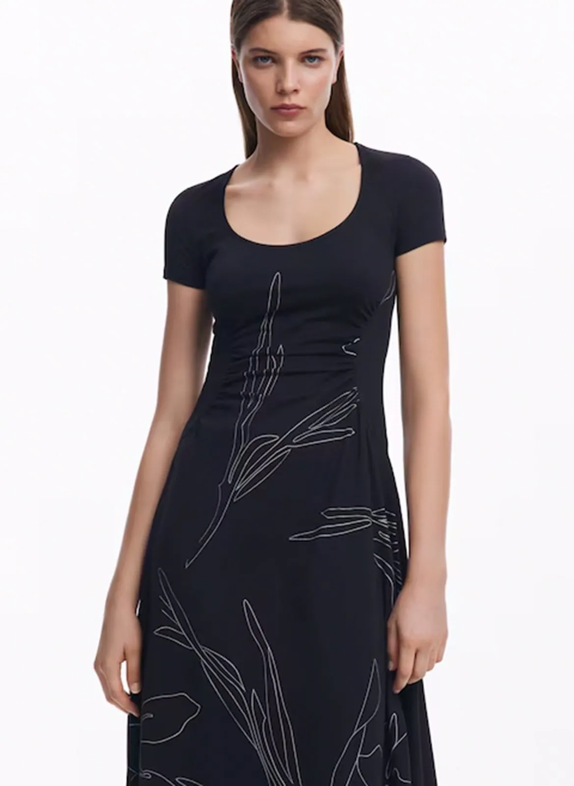 Robe midi en coton mélangé imprimé Noir