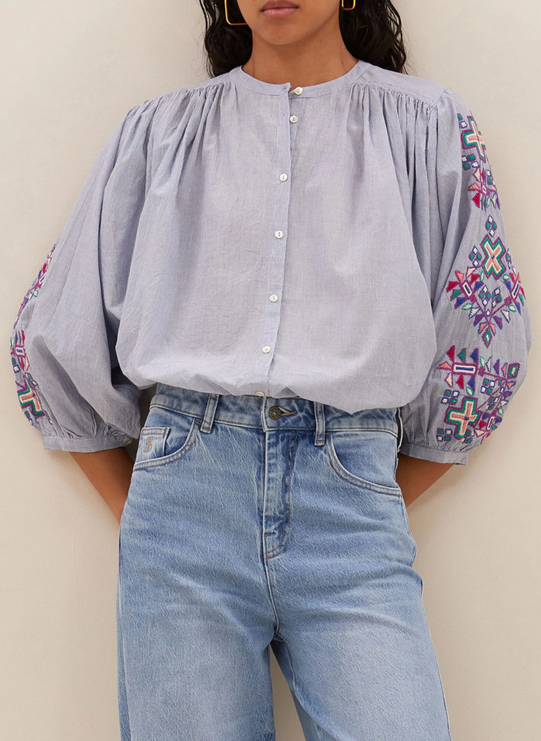 Blouse droite en coton brodé Gris BECKY