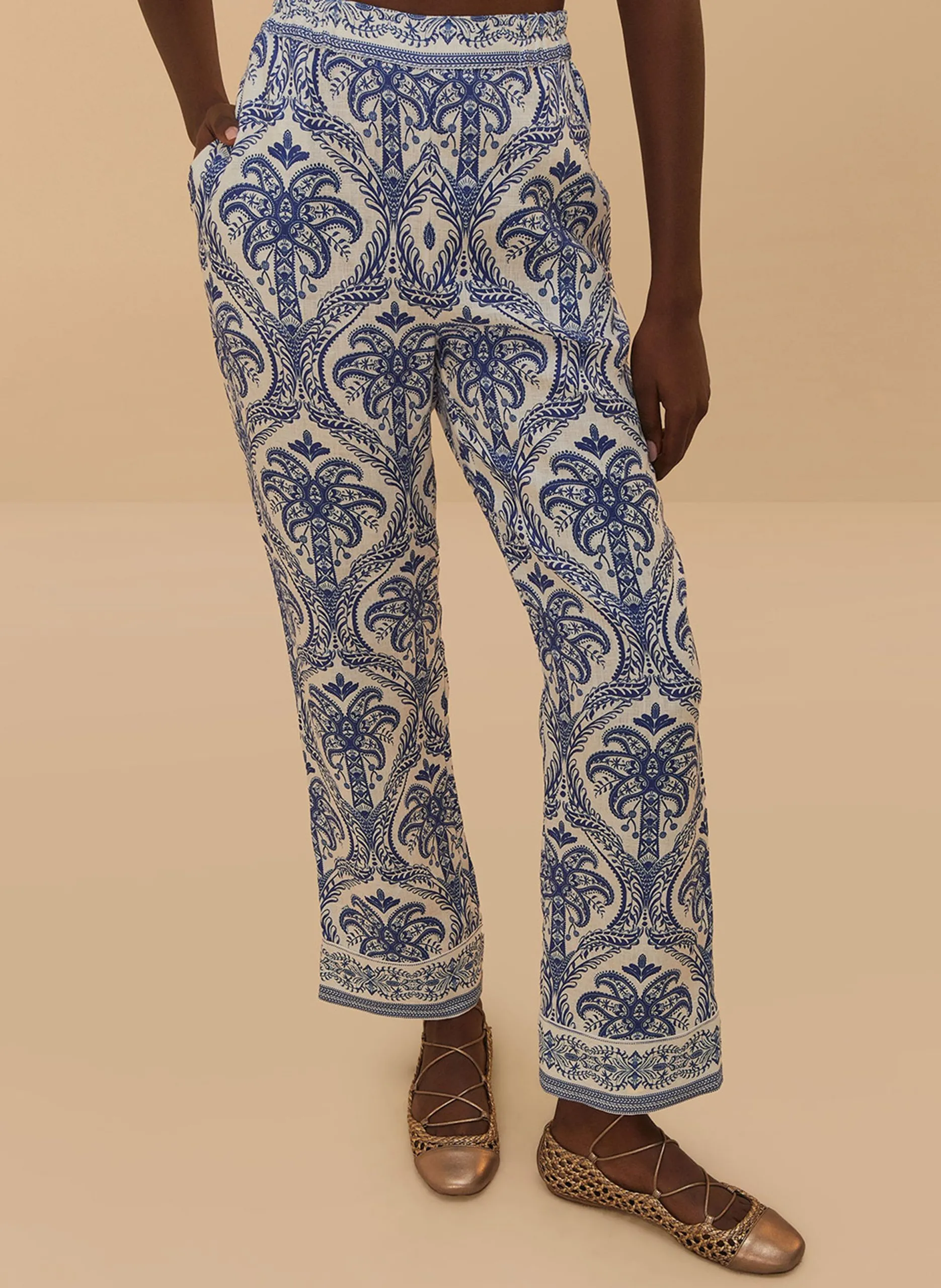 Pantalon droit imprimé en lin mélangé Bleu