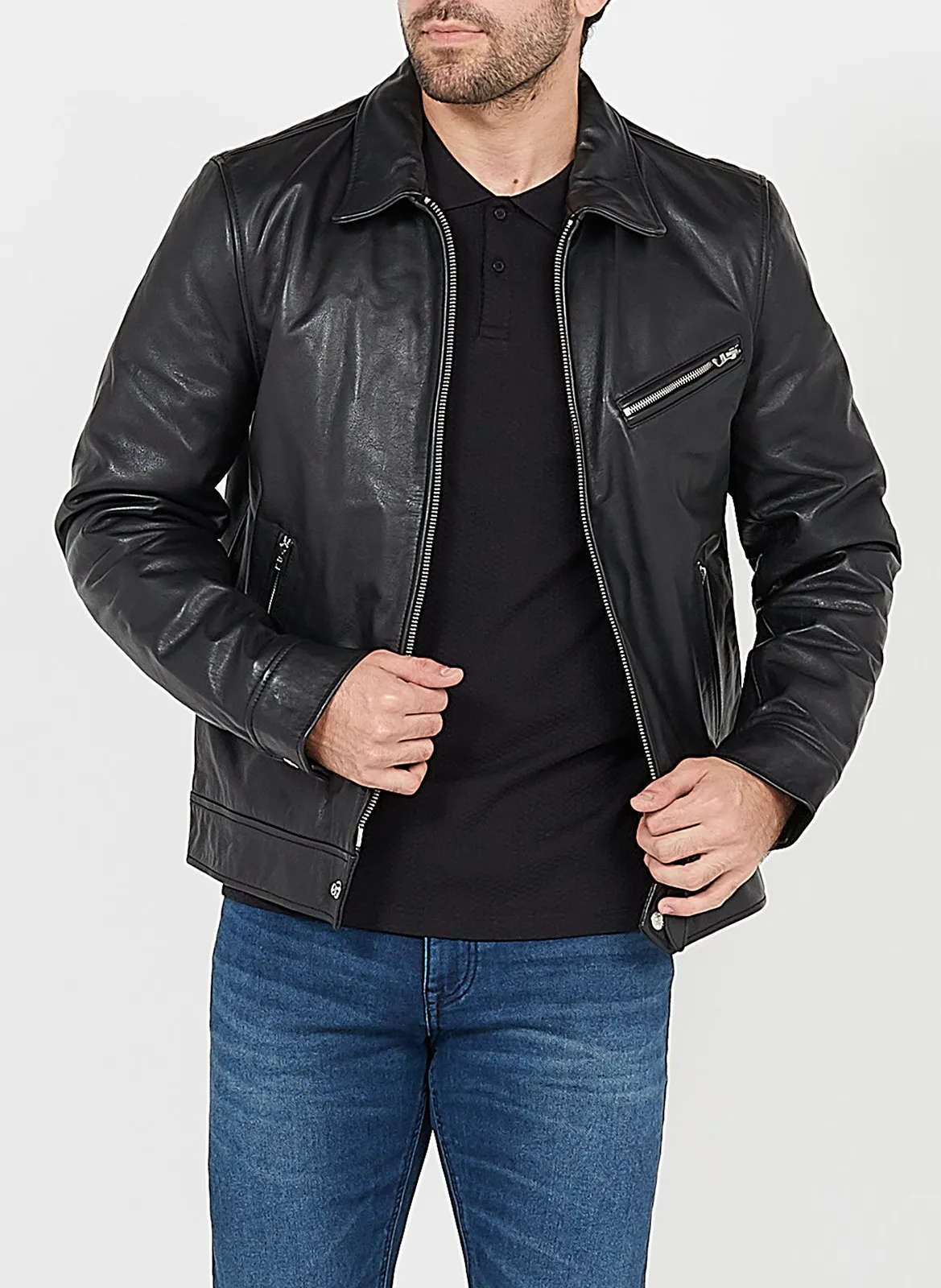 Blouson col classique zippé en cuir Noir