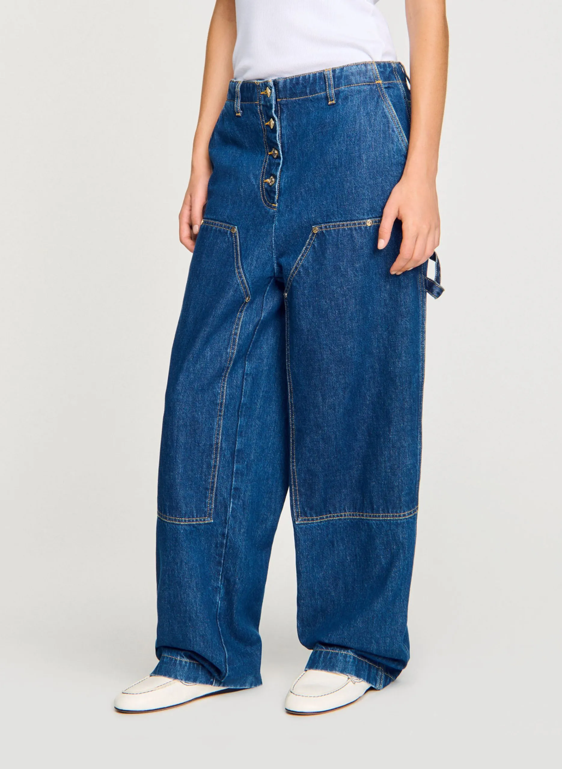Jean large boutonné taille haute Bleu