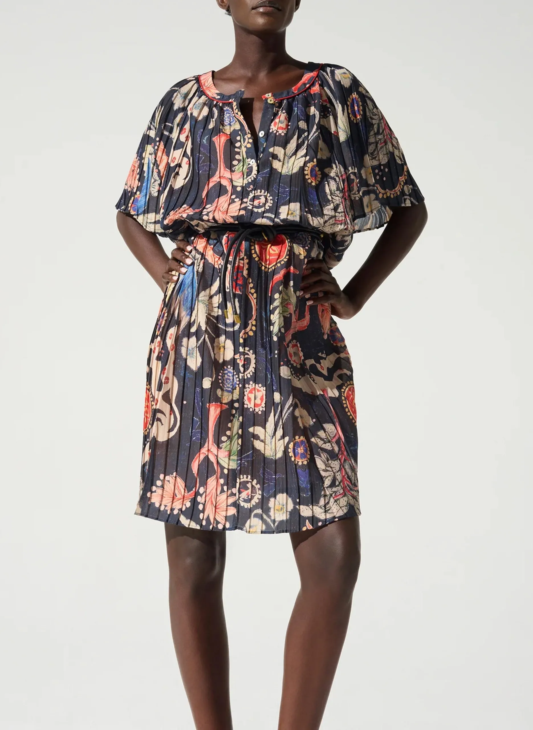 Robe ample plissée imprimée Bleu