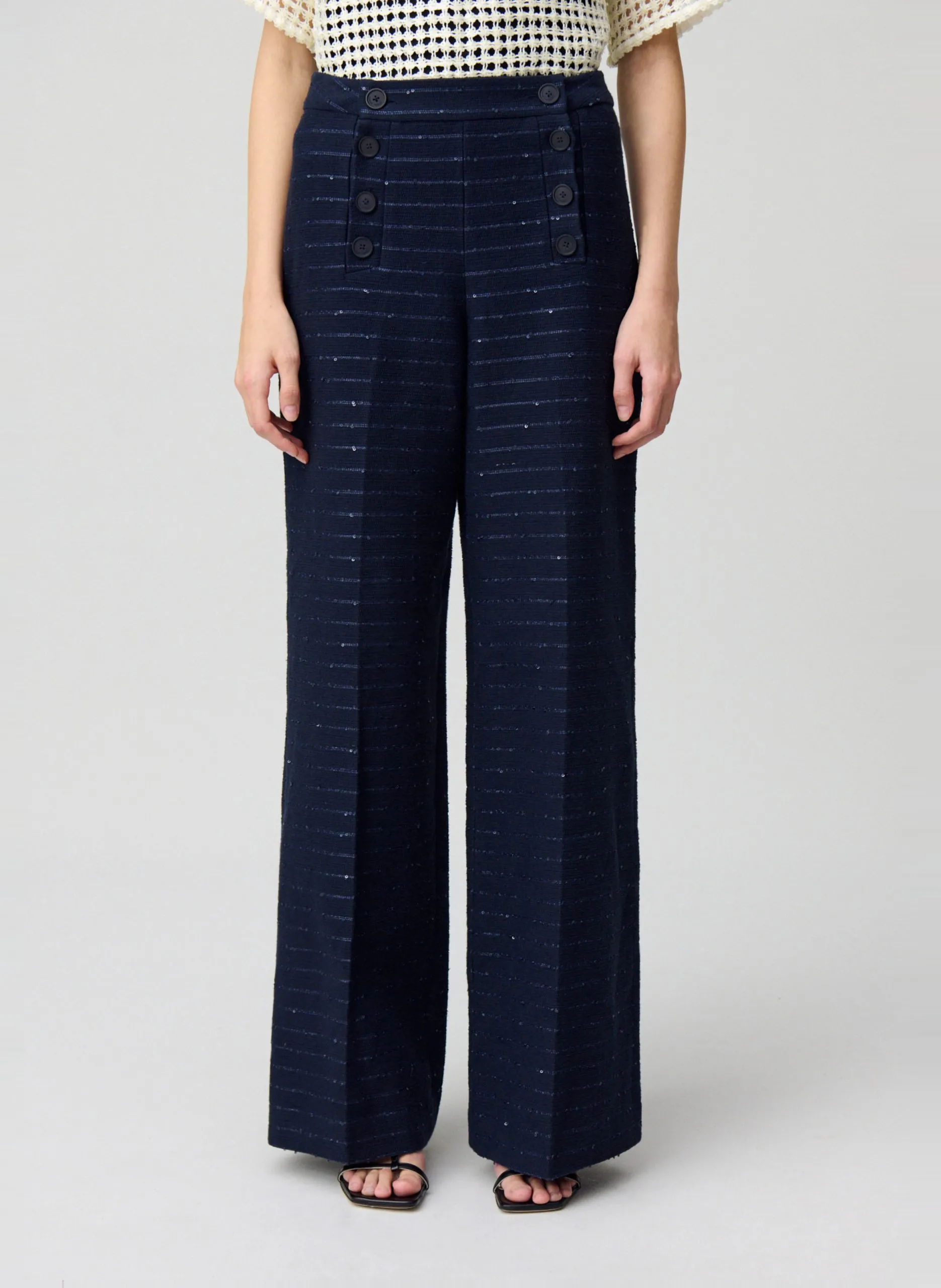 Pantalon large taille haute en coton mélangé Bleu