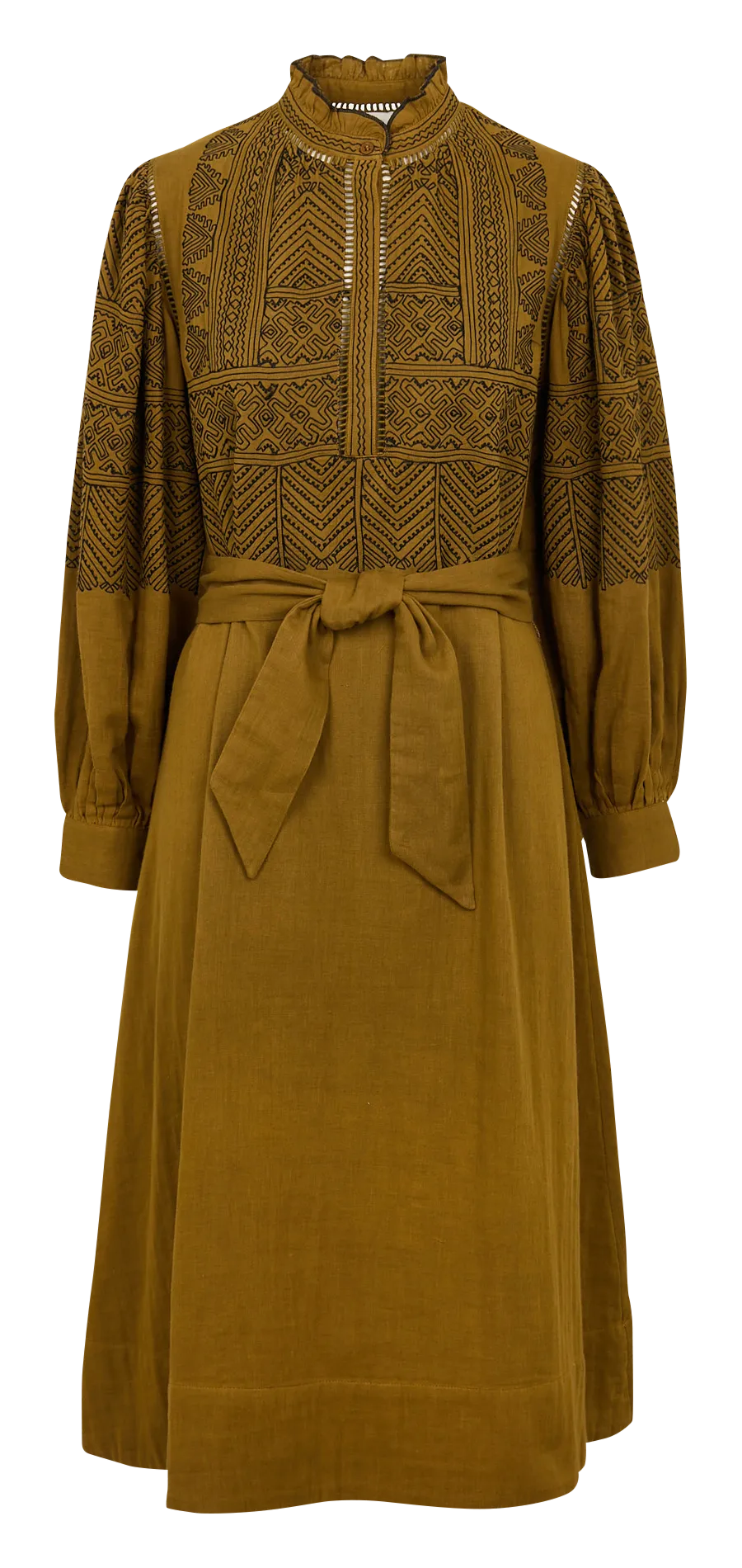 Robe longue droite col montant en coton Marron SVETLANA