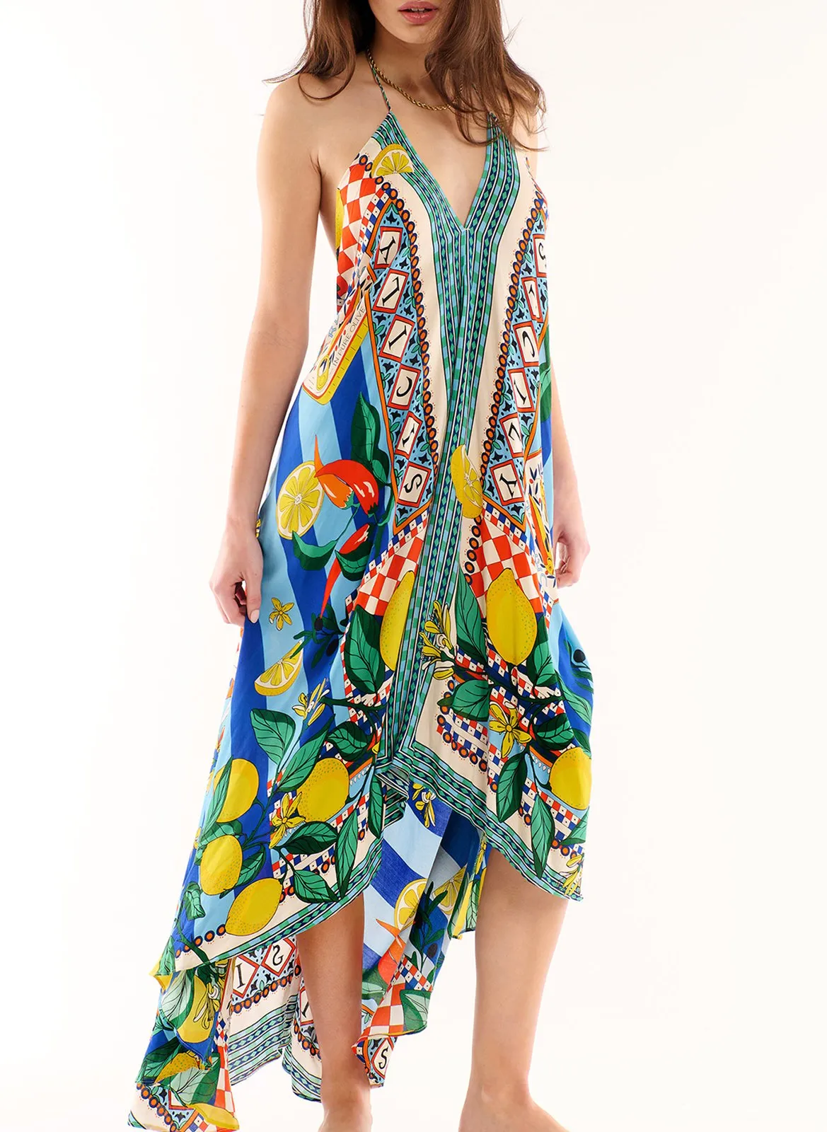 Robe midi col V imprimée Bleu VOILA SICILY