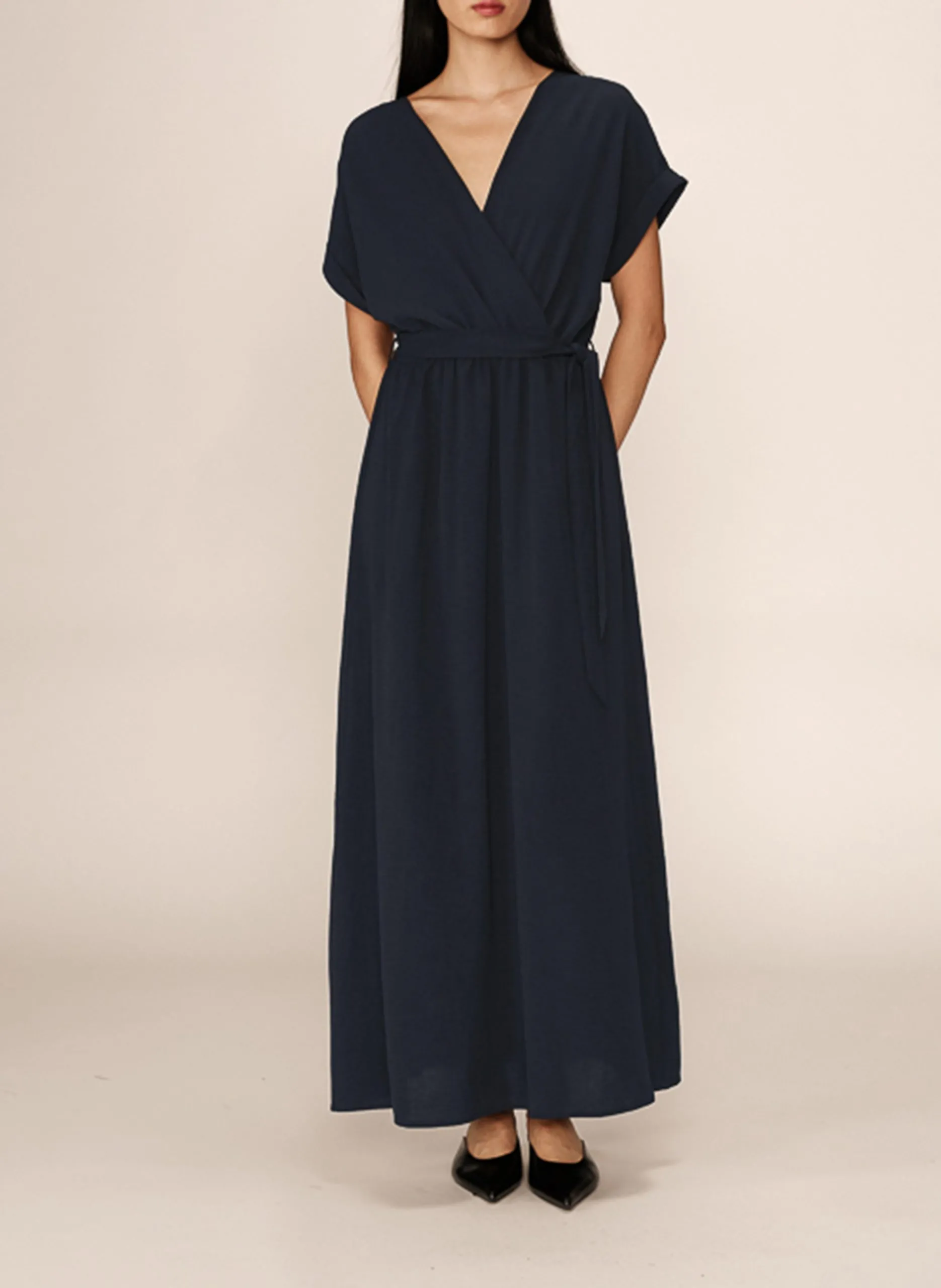 Robe longue fluide ceinturée Bleu PAPILLON