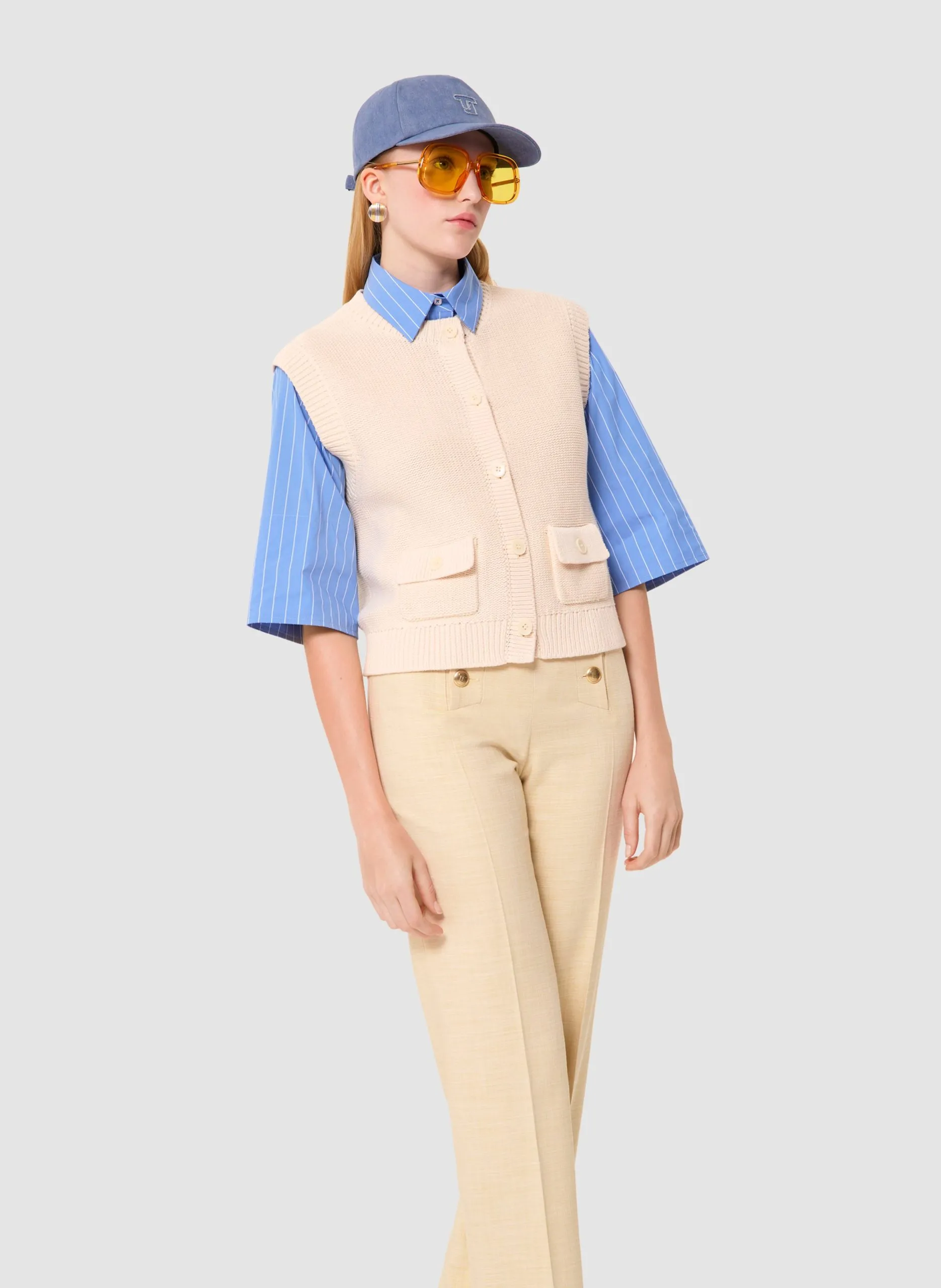 Gilet col rond en coton Beige GILL