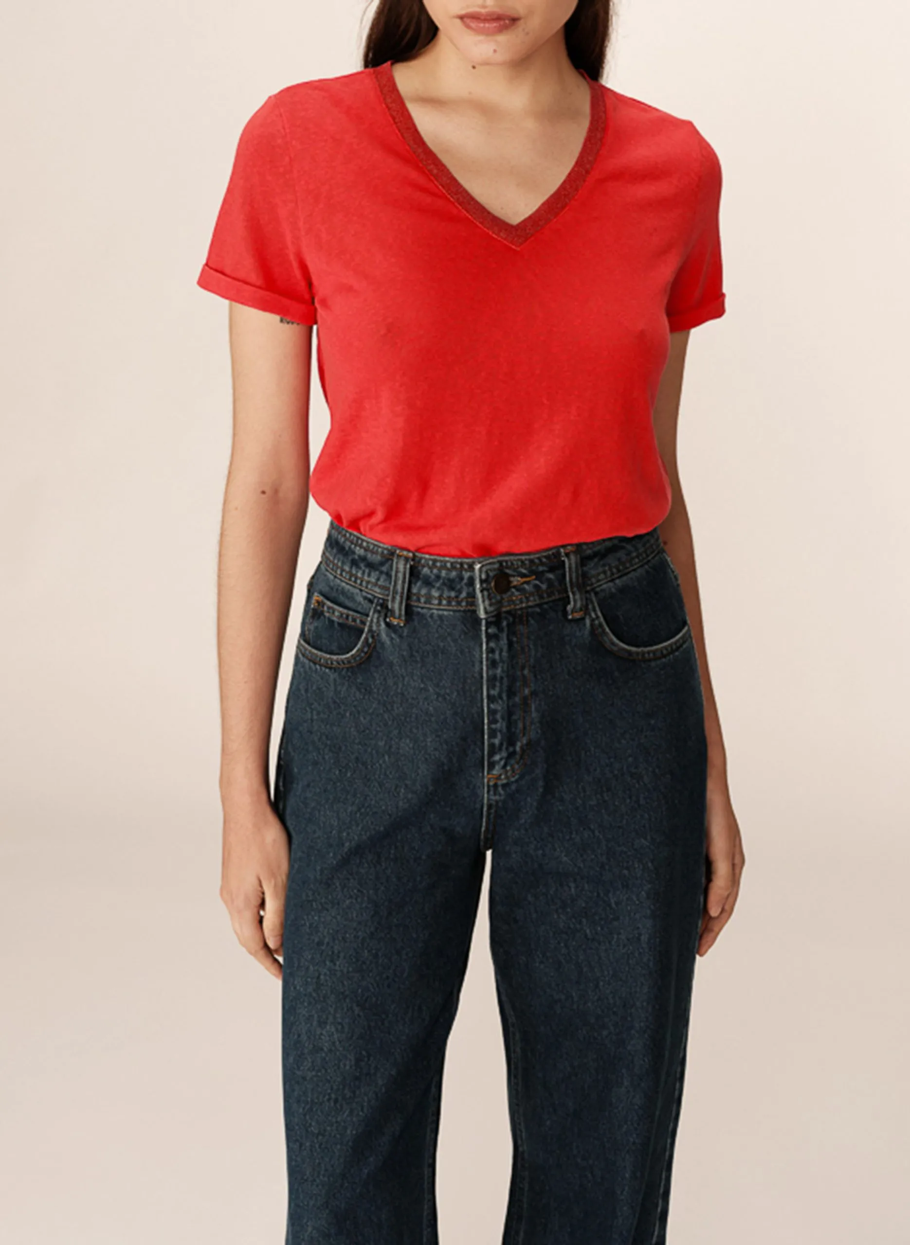 Tee-shirt col V en coton Rouge PEPITO