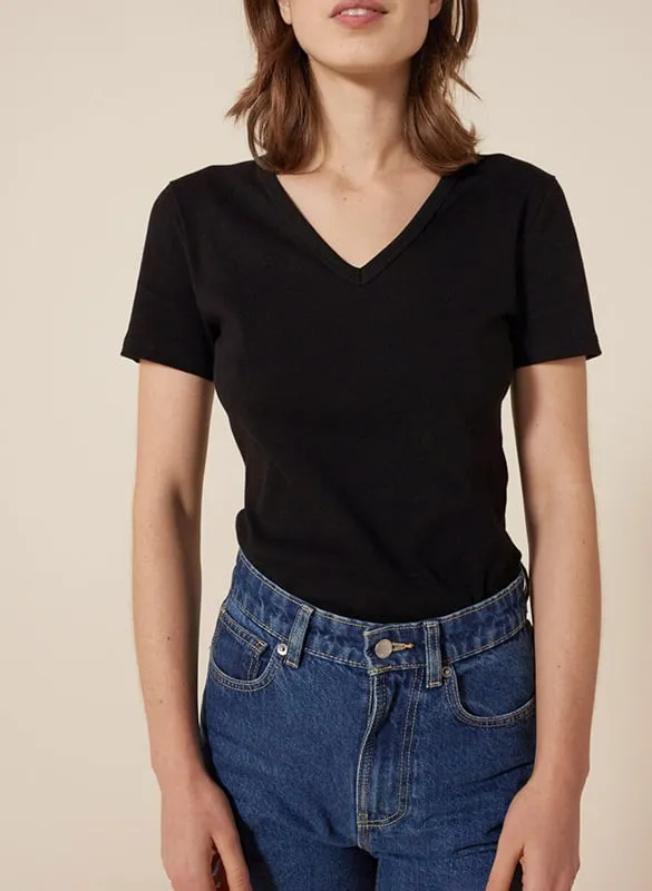 Tee-shirt droit à col V en coton Noir