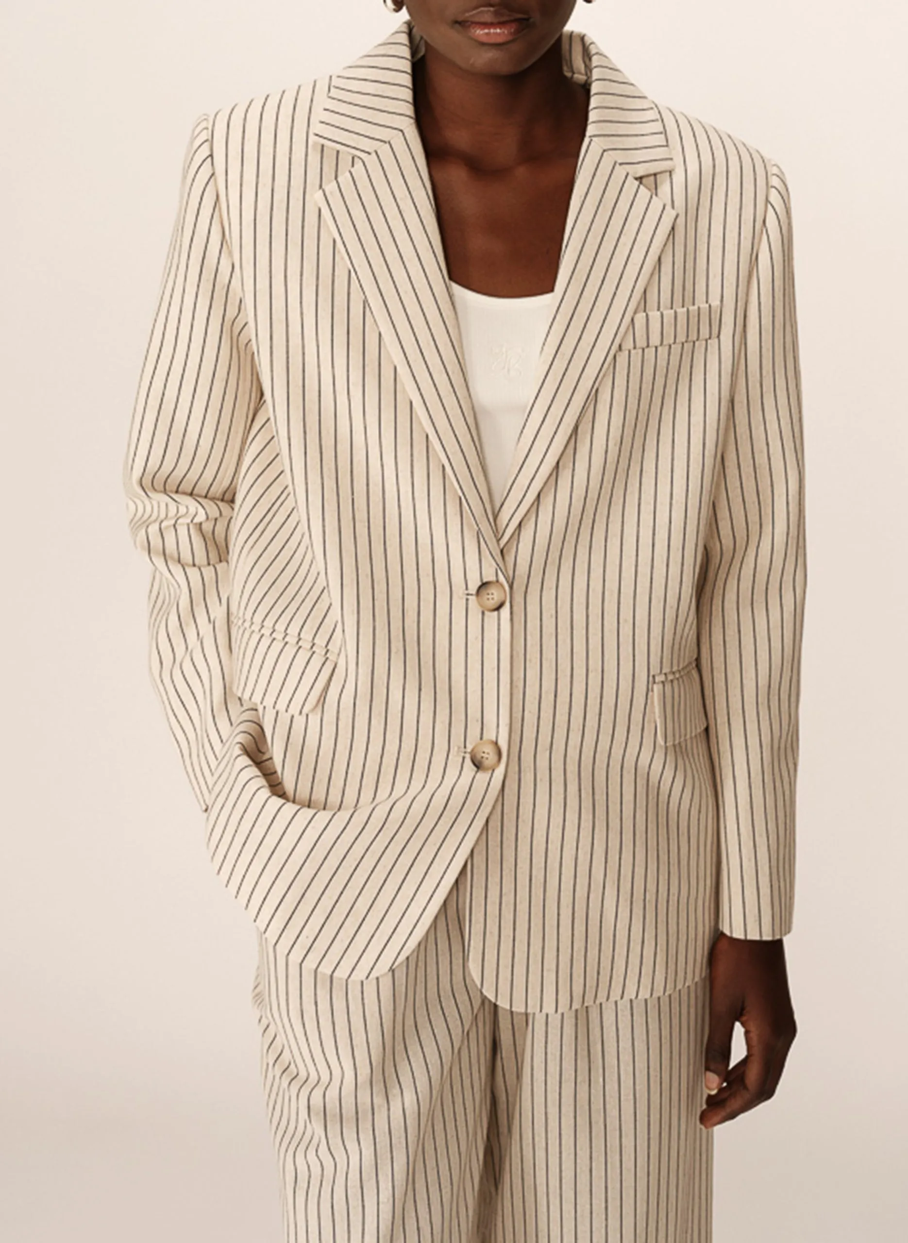 Veste col tailleur rayée Beige PIA