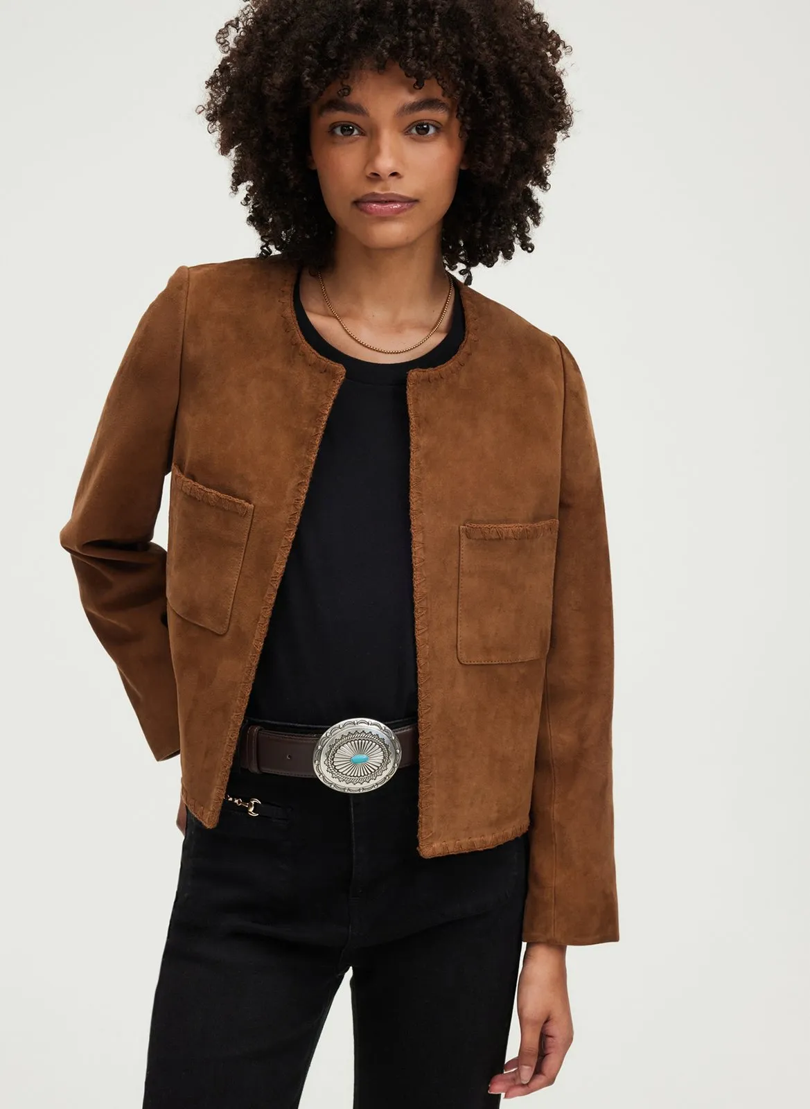 Veste col rond en cuir Marron RONIE