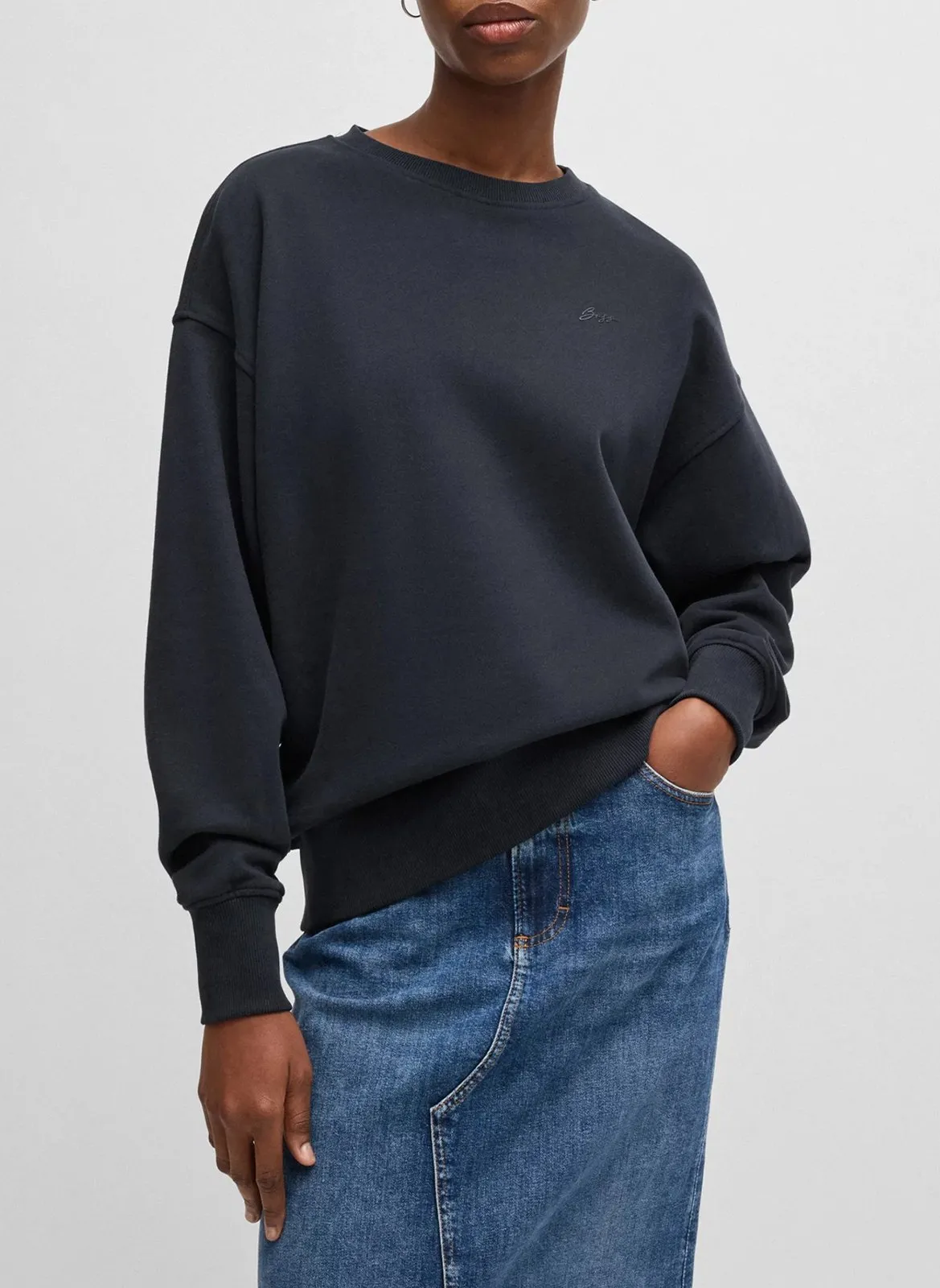 Sweat col rond brodé en coton Bleu