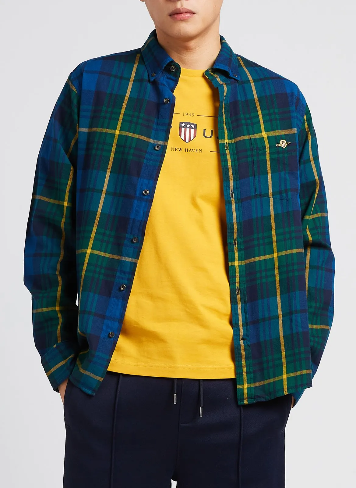 Chemise col américain regular-fit à carreaux en coton Vert