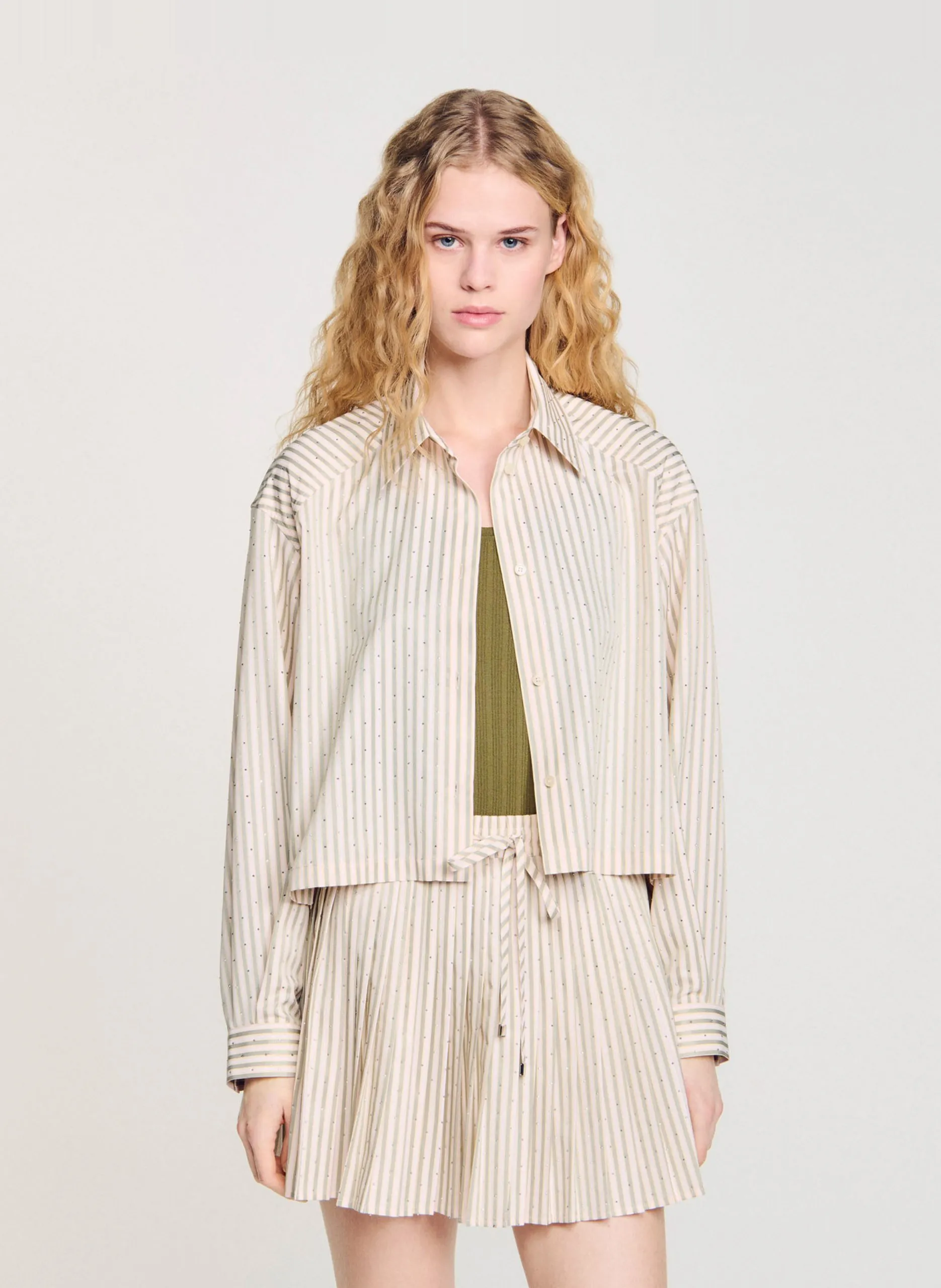 Chemise courte rayée à strass Kaki