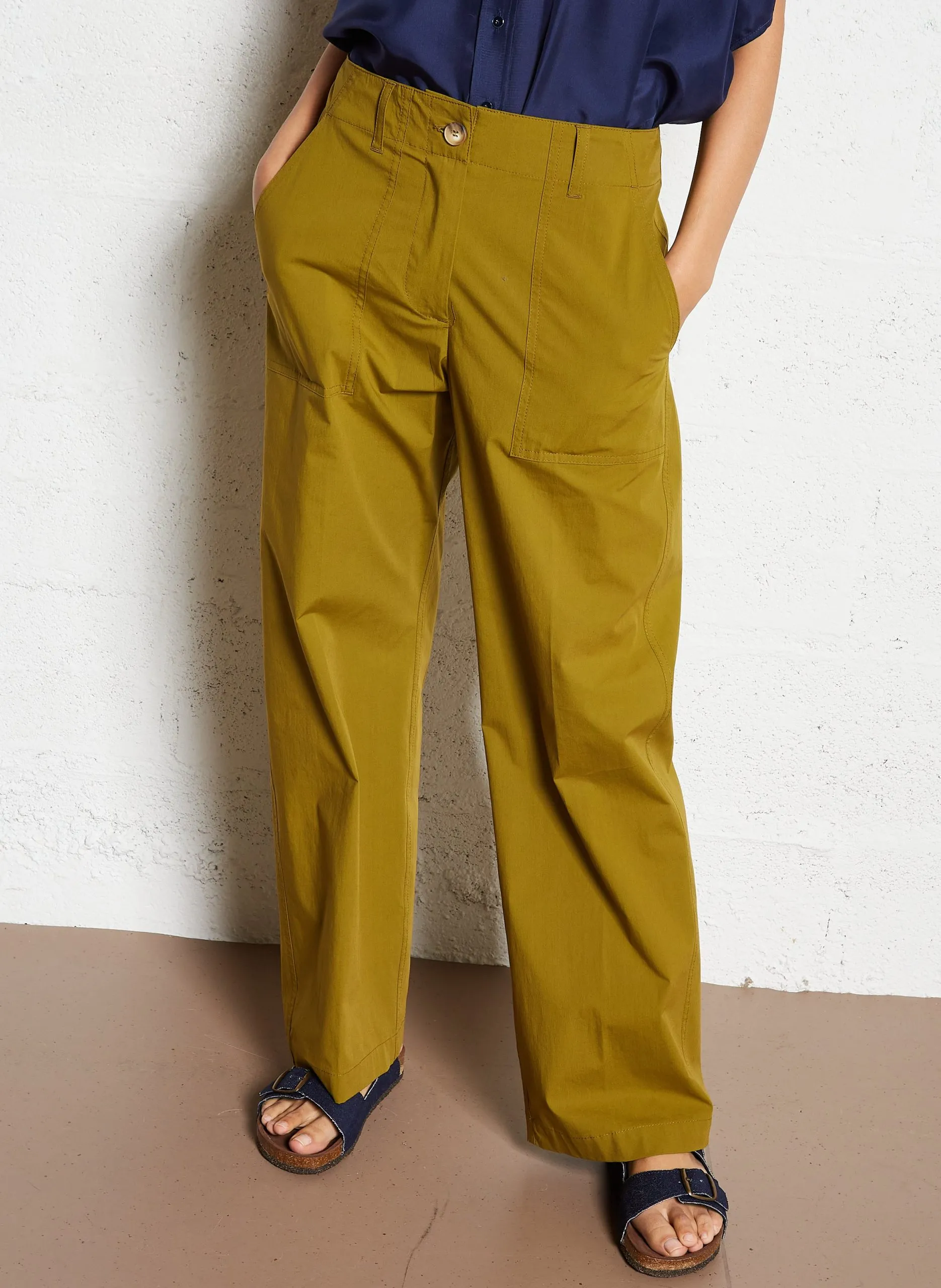 Pantalon droit en coton mélangé Kaki HIBISCUS