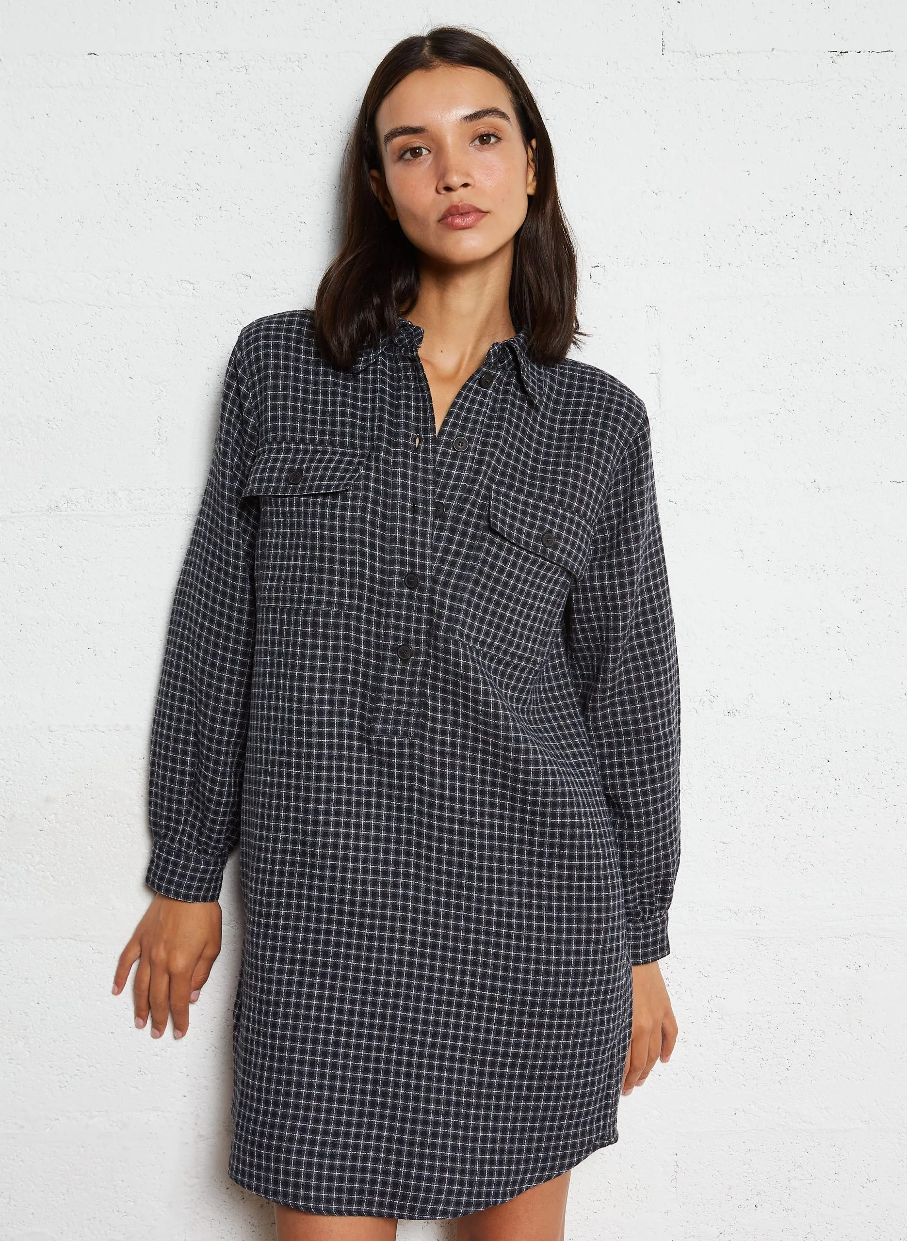 Robe courte col classique en coton mélangé Bleu LOU