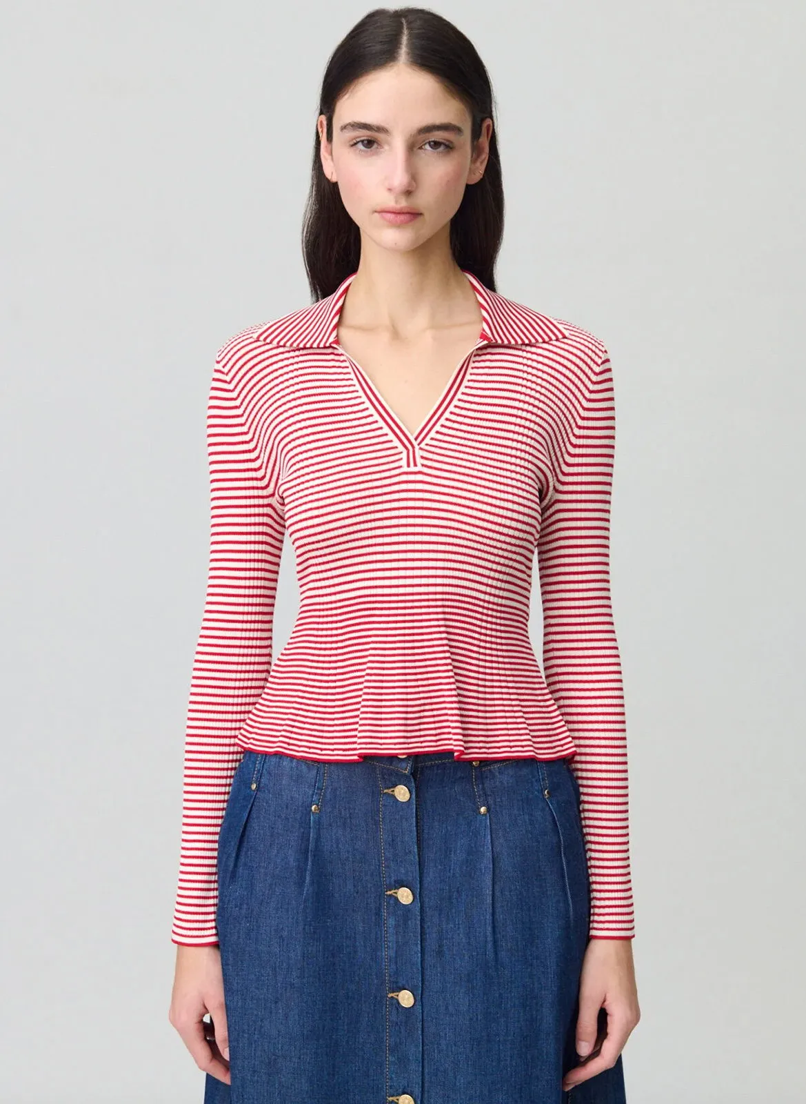 Pull rayé en maille fine Rouge