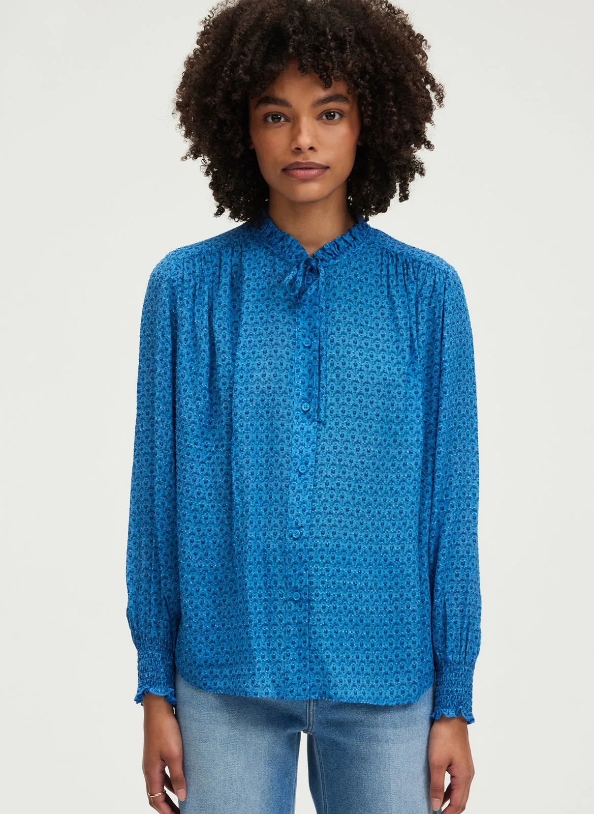 Blouse col montant à volant Bleu ULYSSA