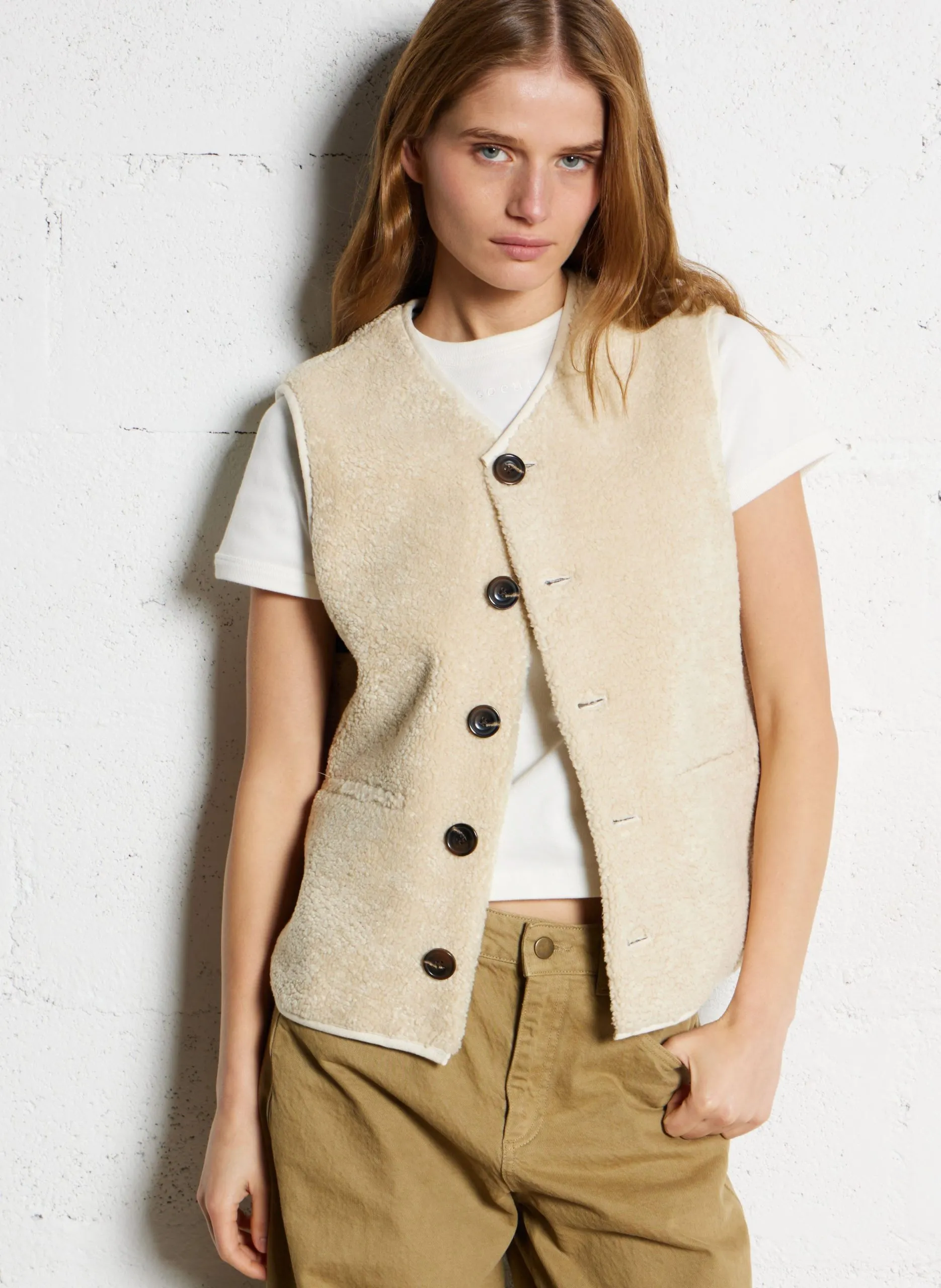 Gilet sans manches aspect mouton Beige FUSIL