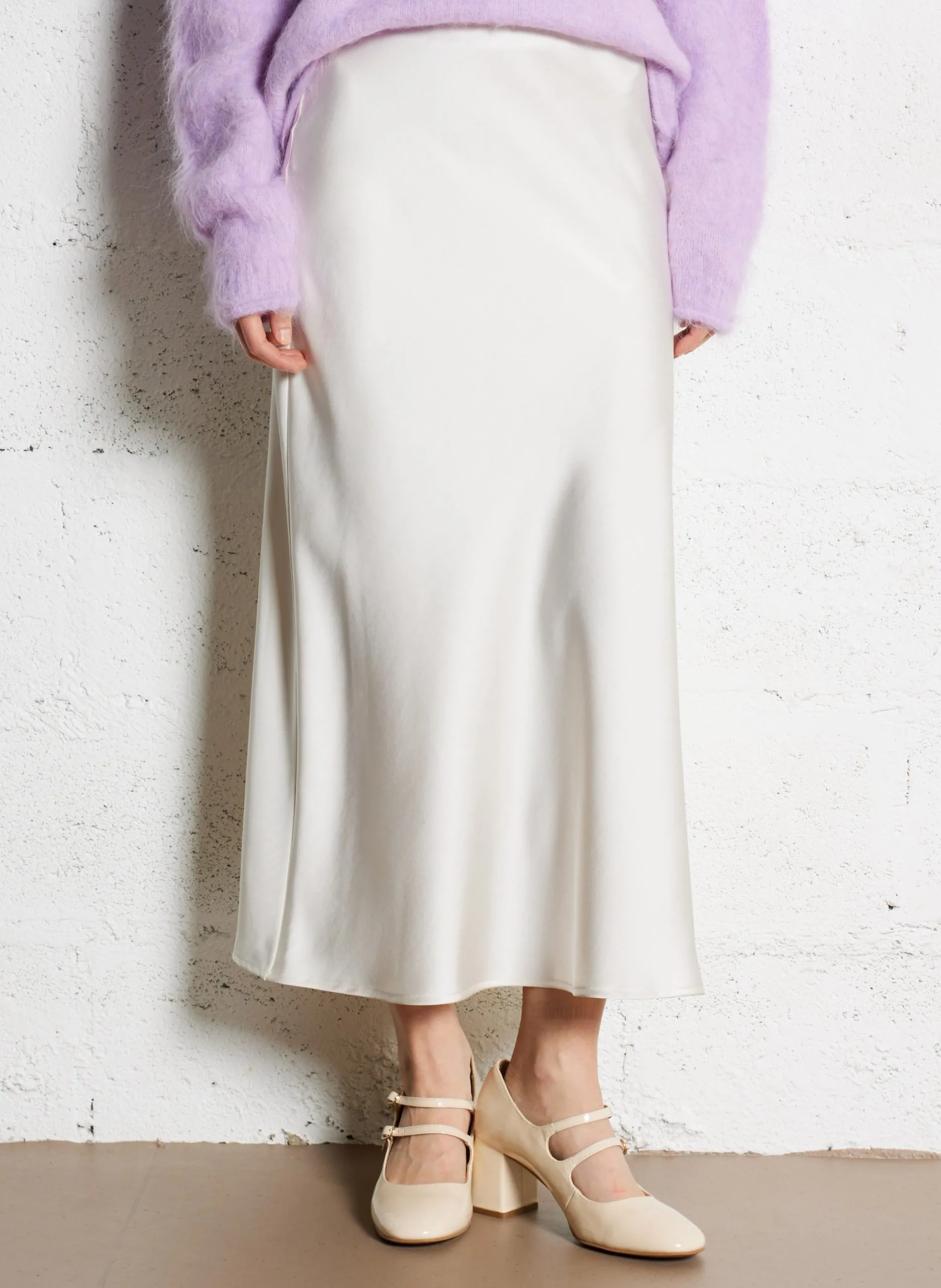 Jupe midi évasée en satin Blanc