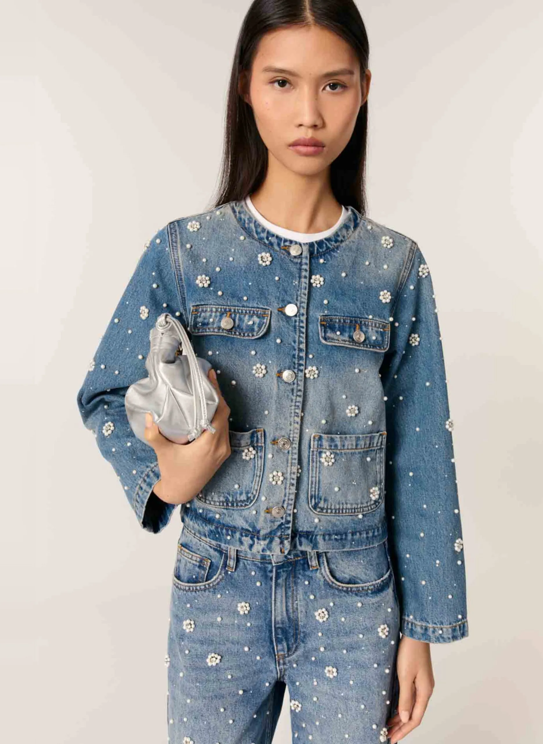 Veste en denim brodé de coton Bleu