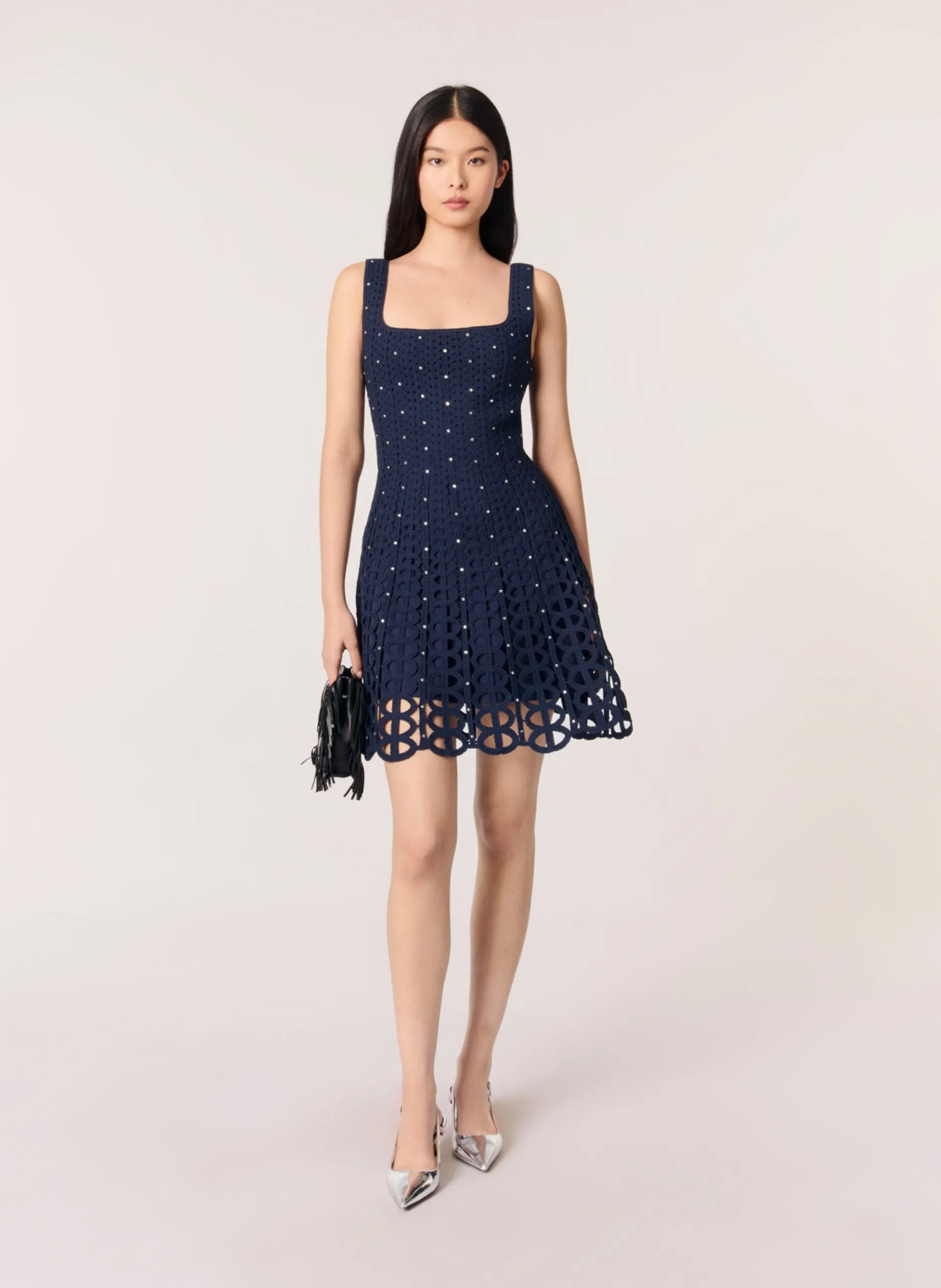 Robe courte col carré à strass Bleu