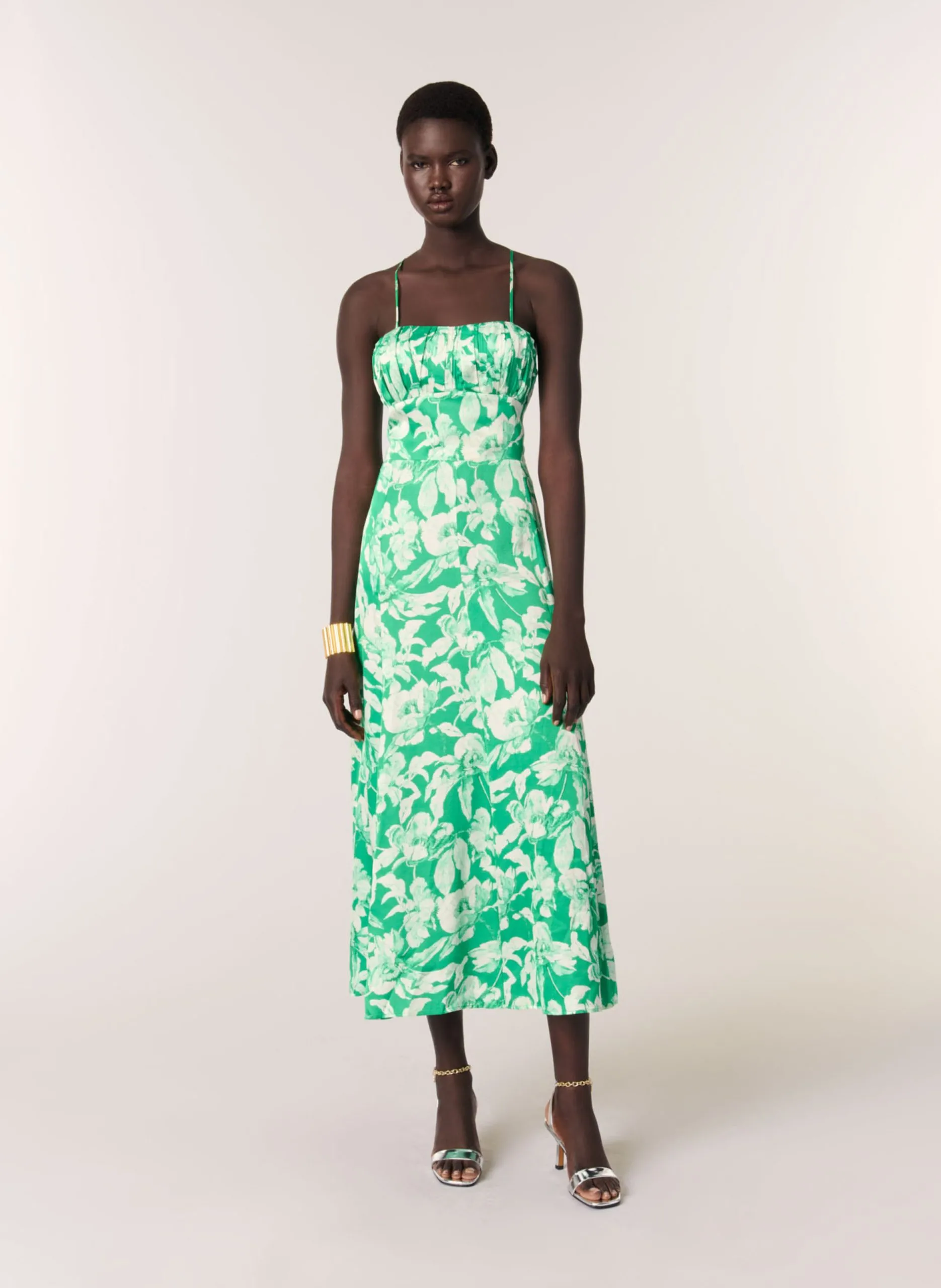 Robe midi à imprimé végétal Beige