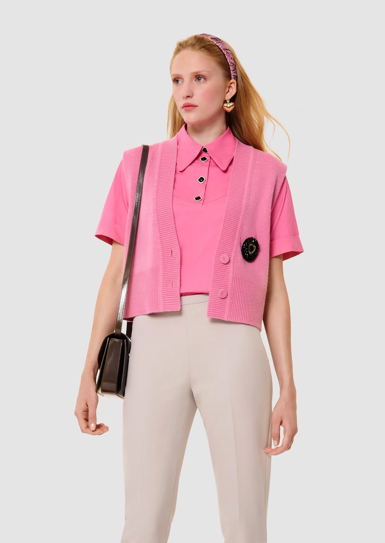 Gilet droit col V en laine Rose GILLES