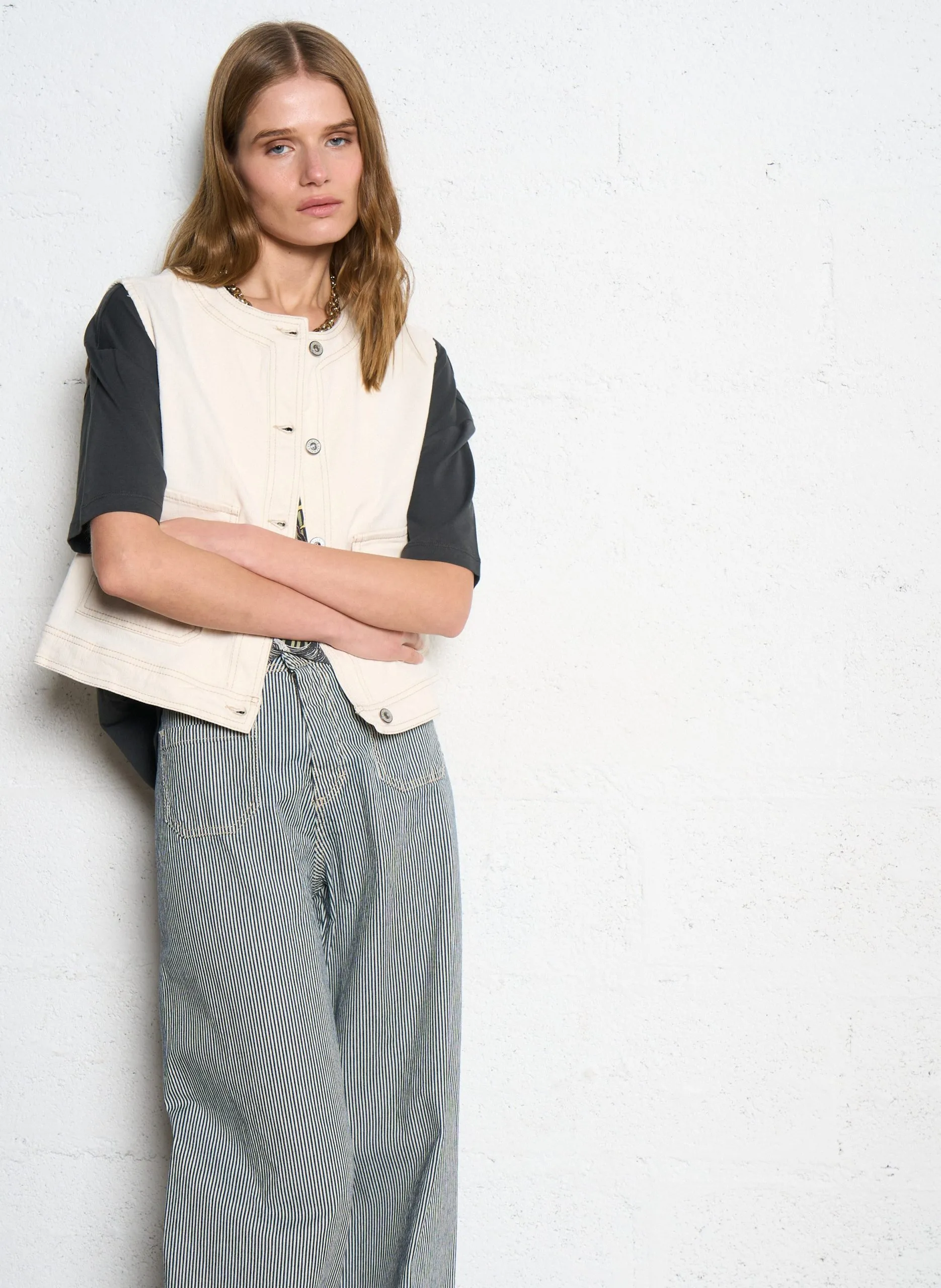 Veste en jean col rond Beige