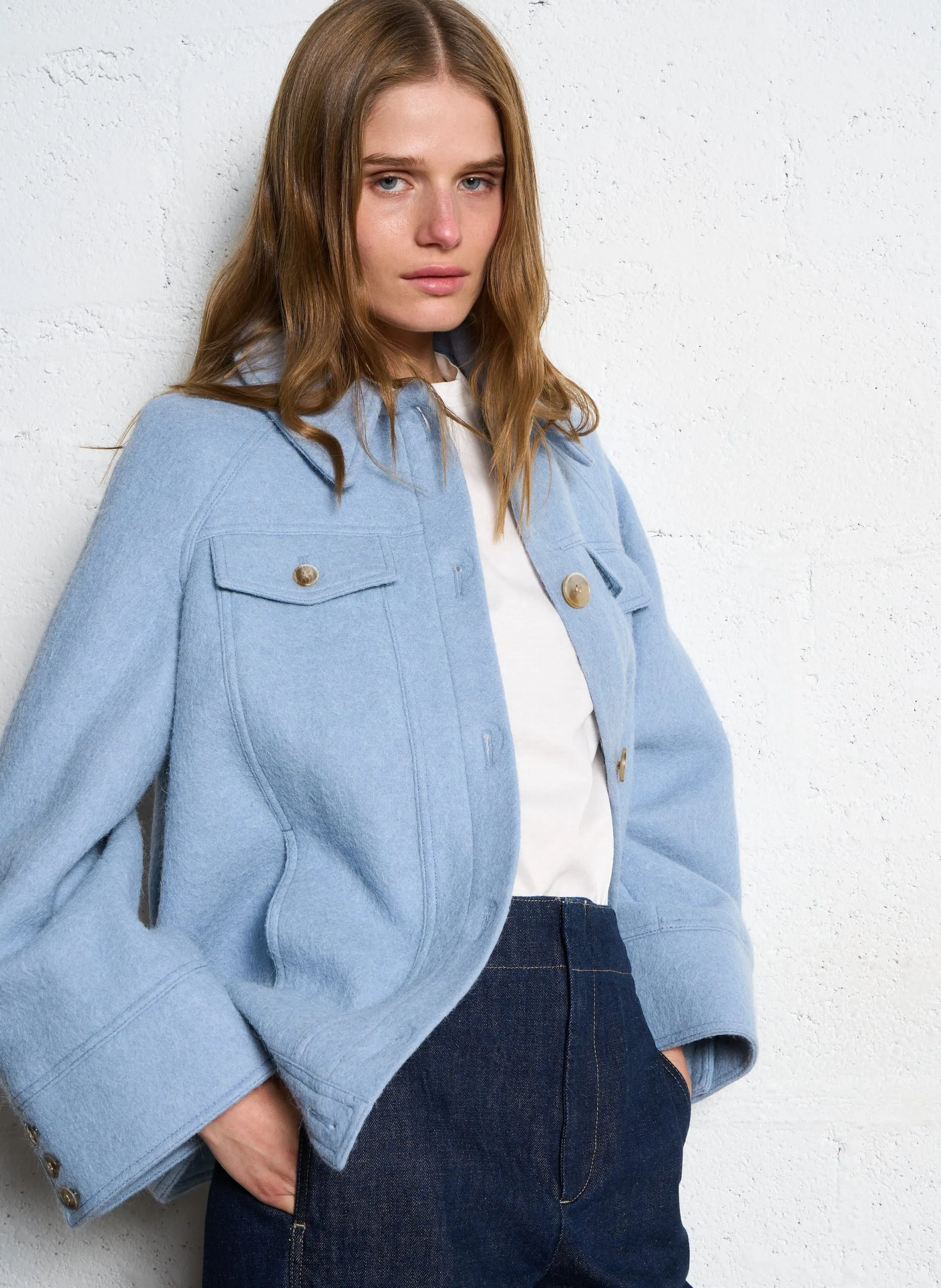 Manteau droit boutonné en laine mélangée Bleu KENDY