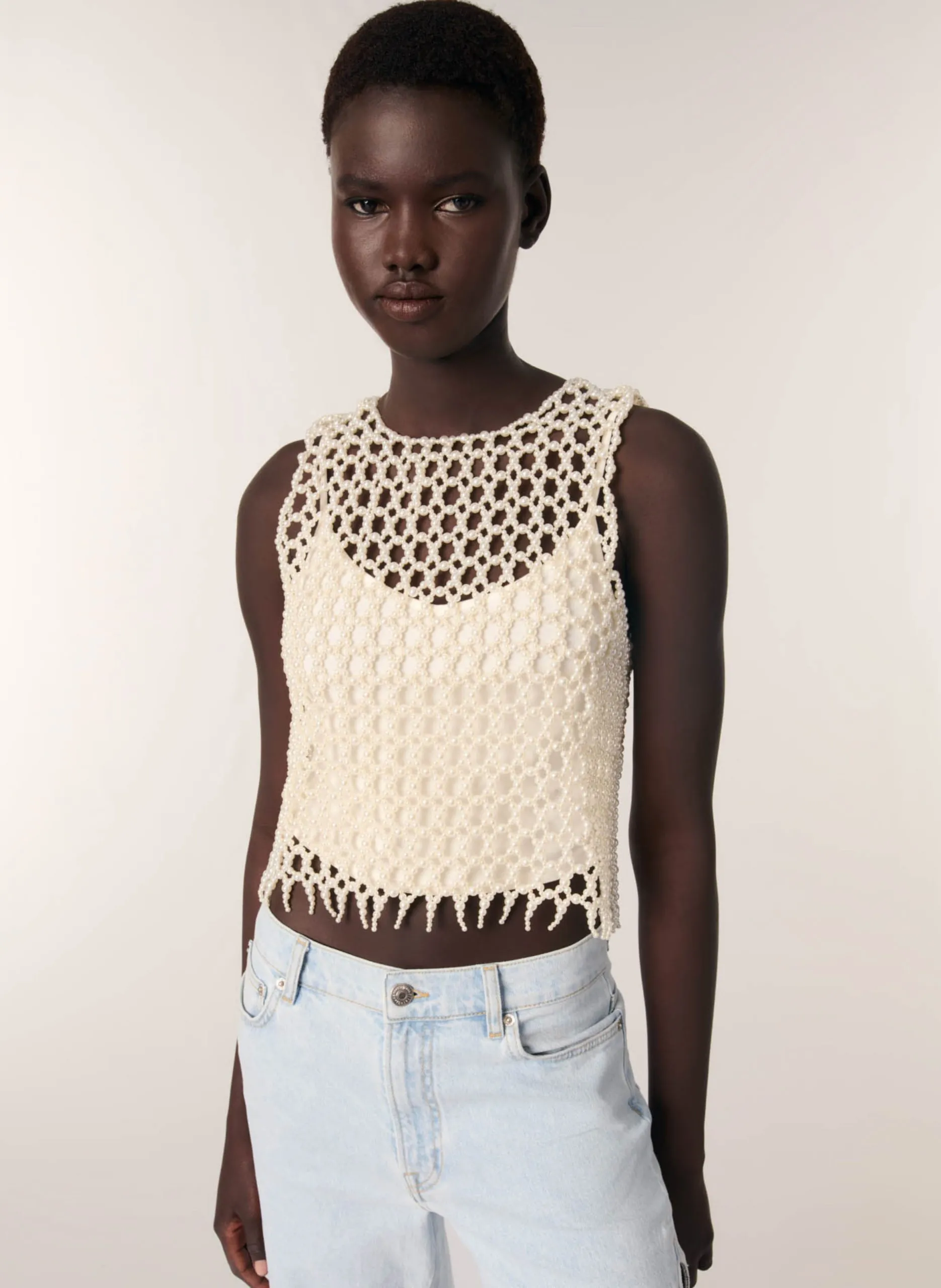 Top en perles droit à col rond Beige