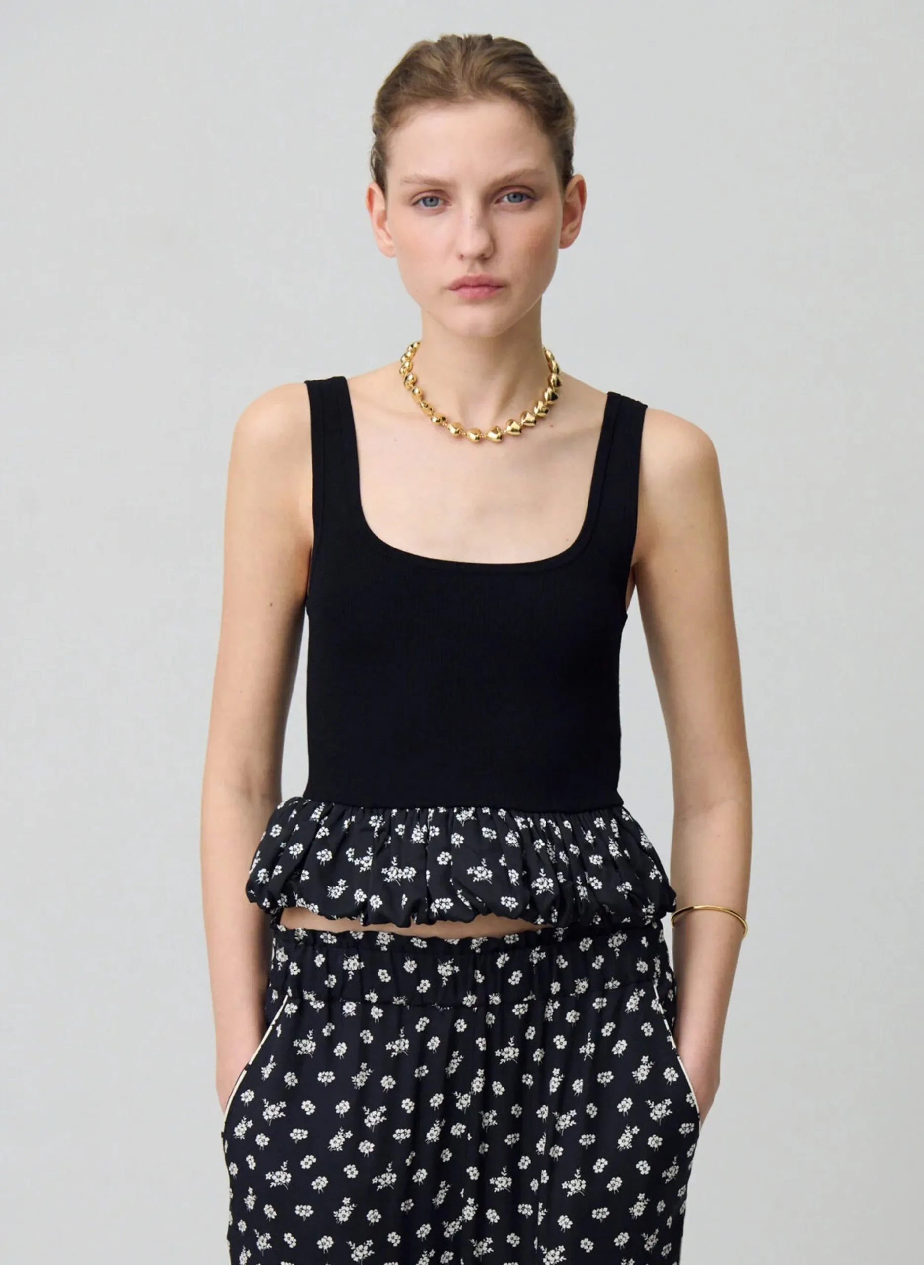 Top volanté col carré Noir