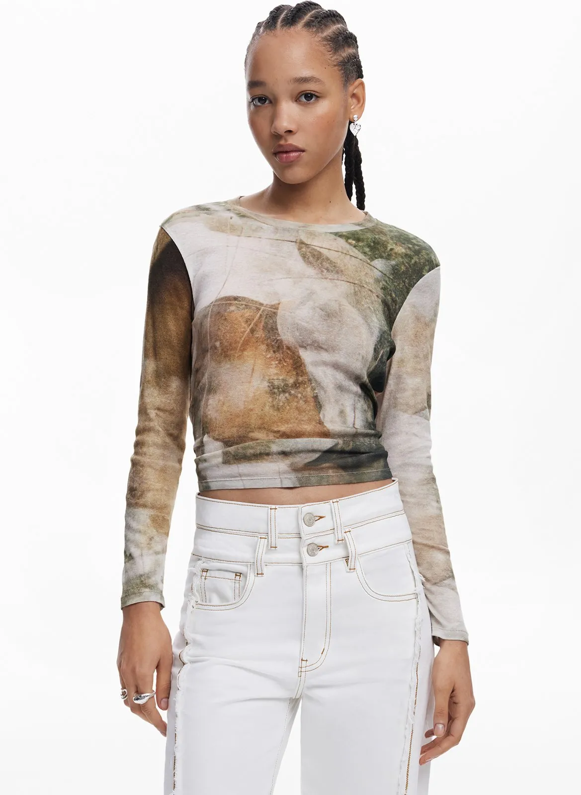 Tee-shirt col rond imprimé Marron