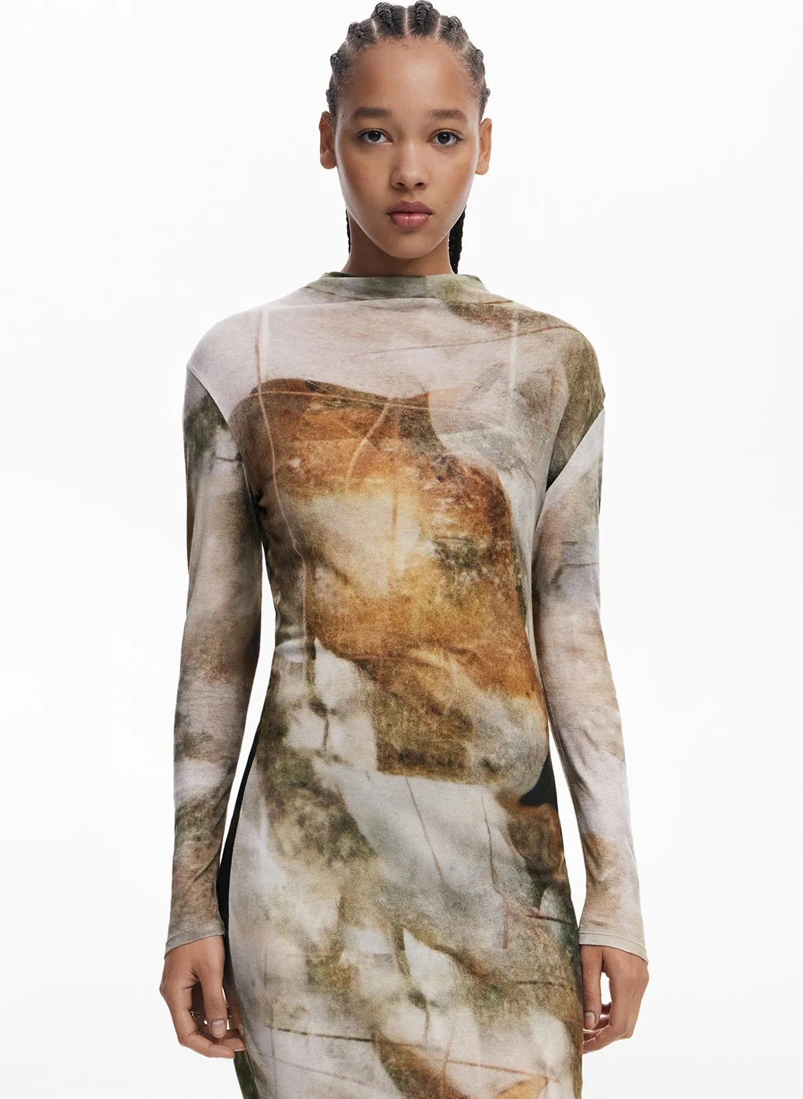 Robe midi col rond Marron