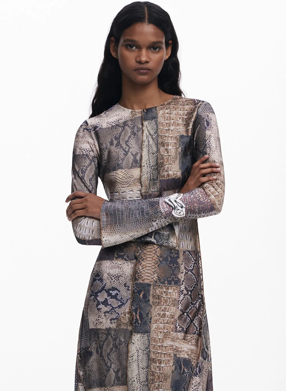 Robe longue fluide col rond Marron