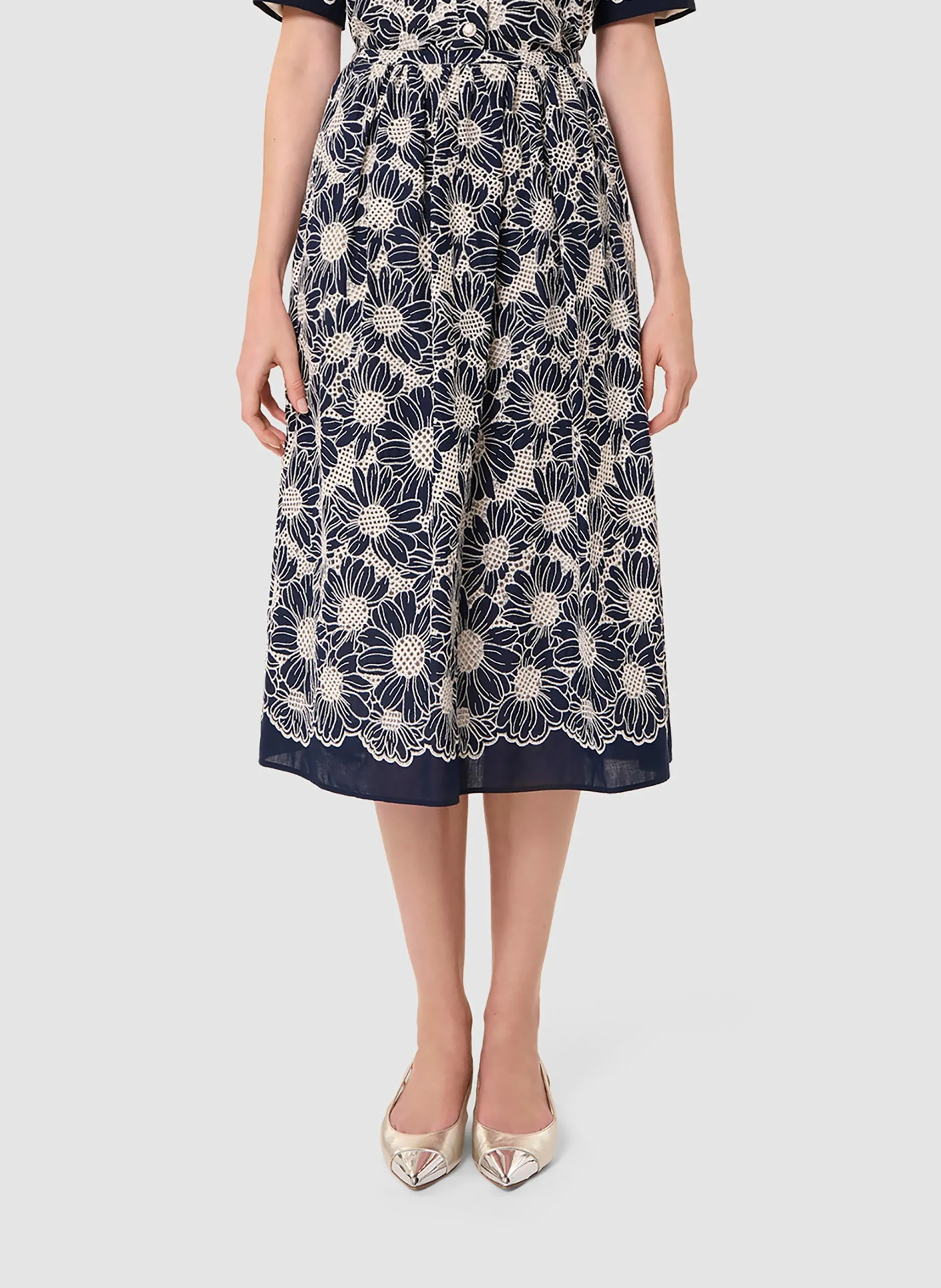 Jupe midi en coton brodé Bleu JUNIO