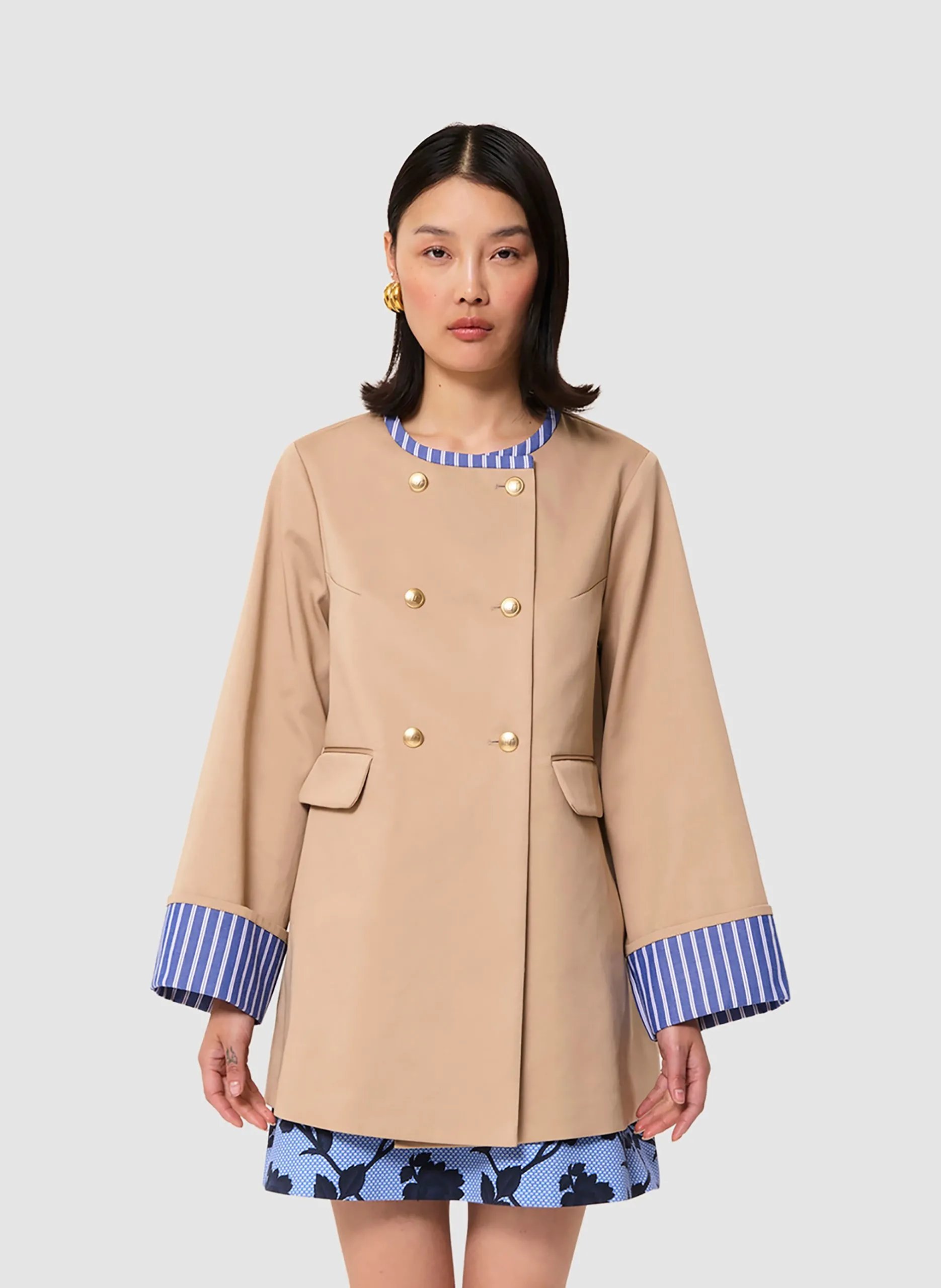 Manteau col rond en coton mélangé Beige MATILDA