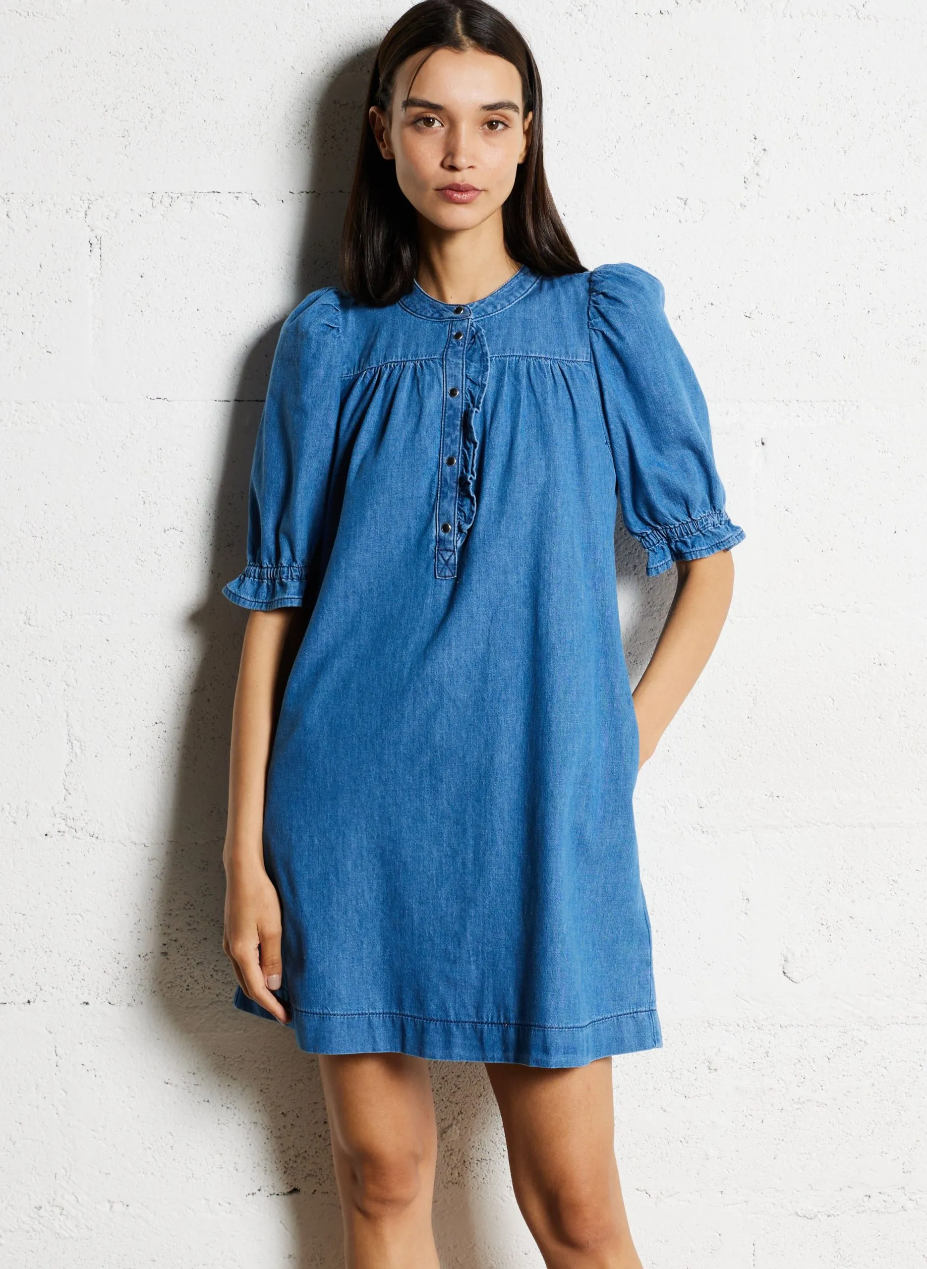 Robe courte col rond en jean Bleu LICONI