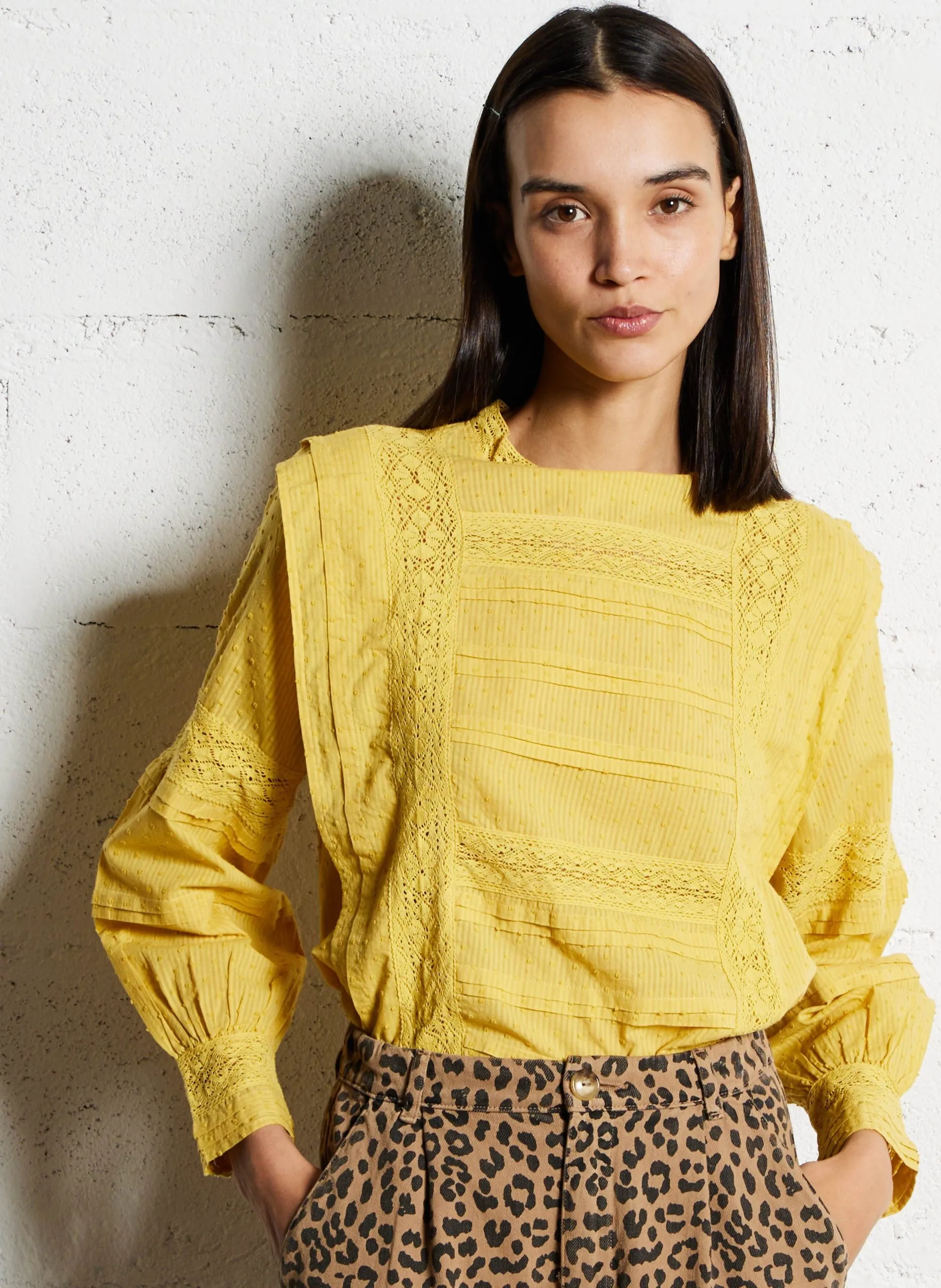 Blouse droite dentelle en coton Jaune SORENE