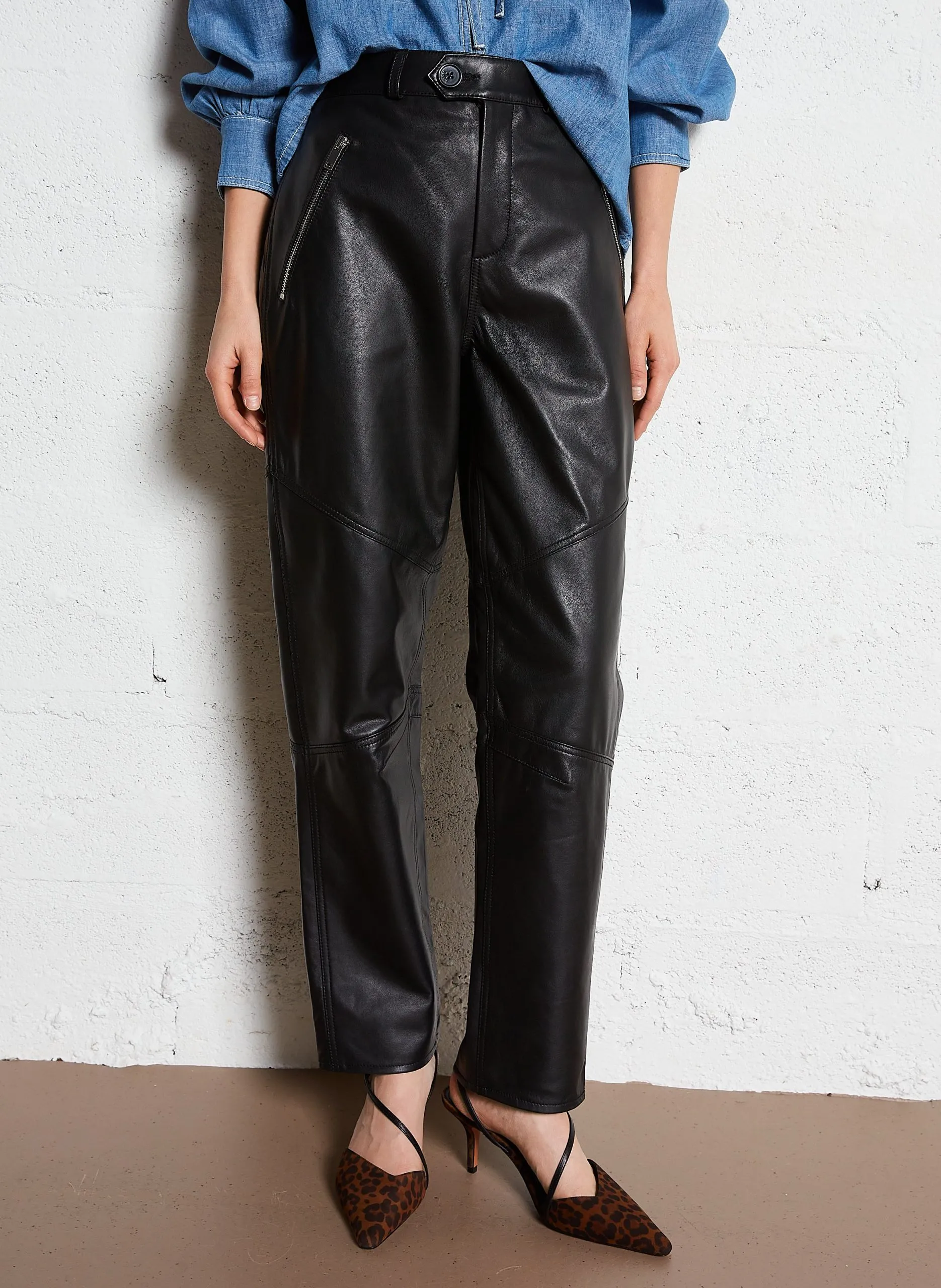 Pantalon droit en cuir Noir ALIOS