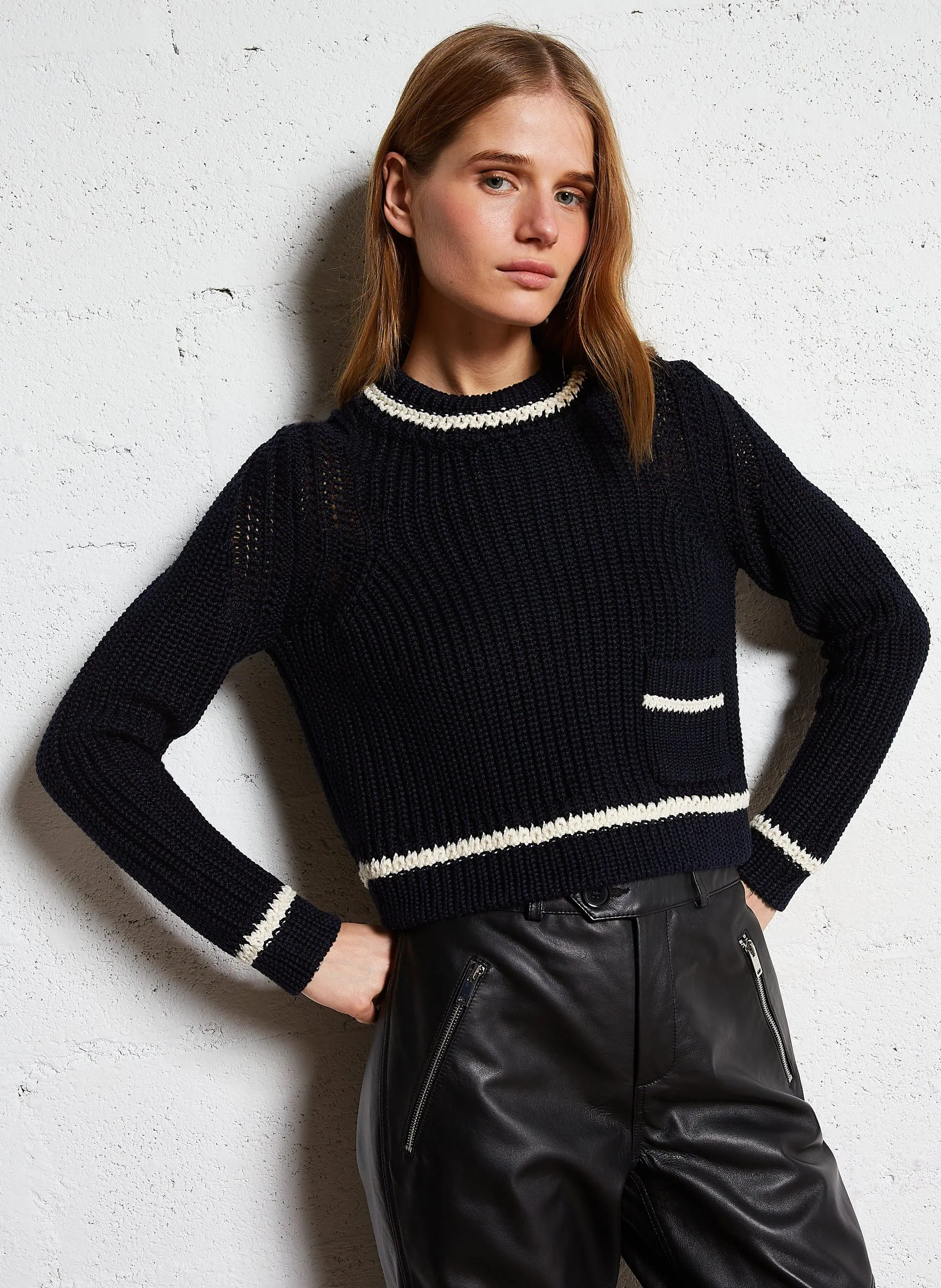 Pull court maille perlée en coton Bleu BOTA